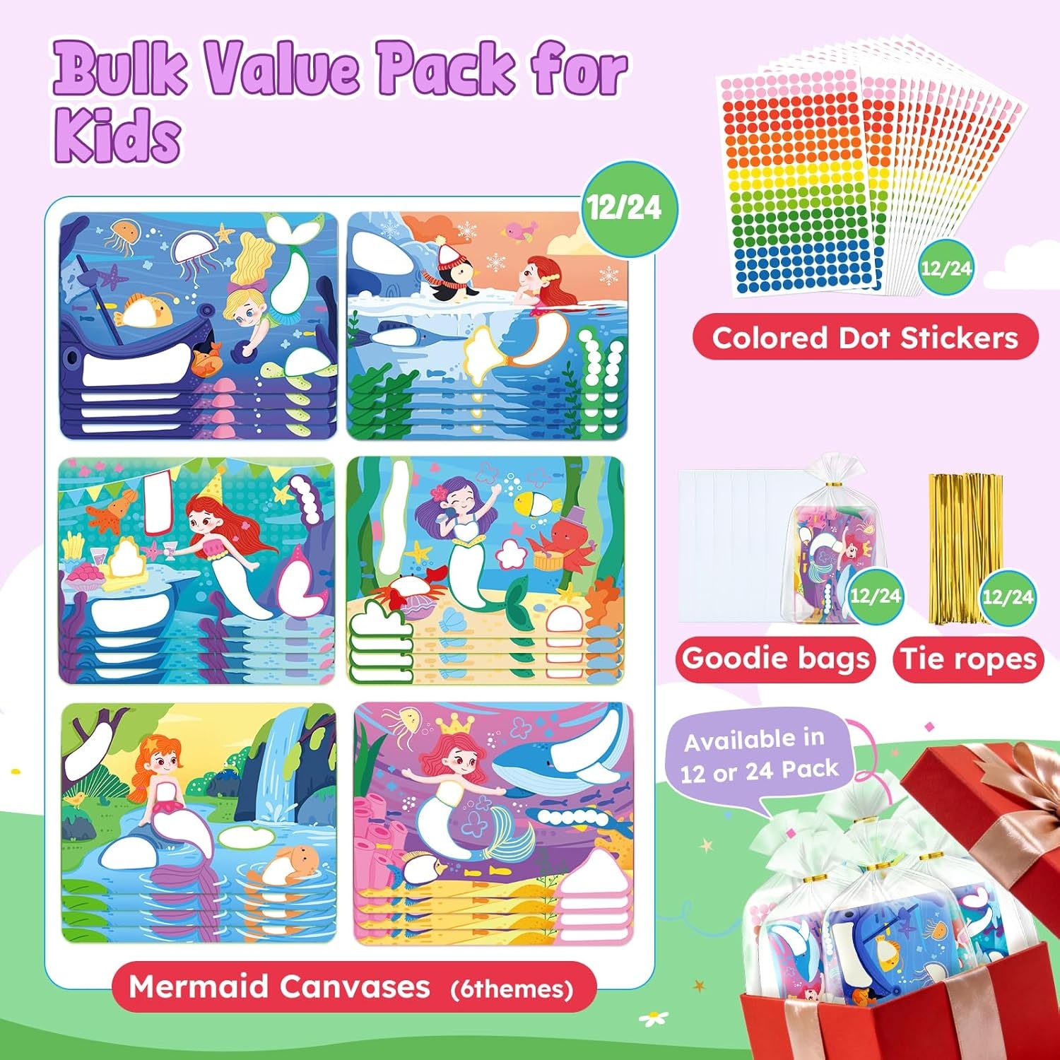 JoyCat 24 Pack Princess+ Mermaid Dot Art Craft Kits for Kids Party Favors, Mess-Free Dot Sticker Activity Set with 4800+ Stickers & Goodie Bags, Goodie Bag Stuffers, Mermaid Toys for Ages 3-8
