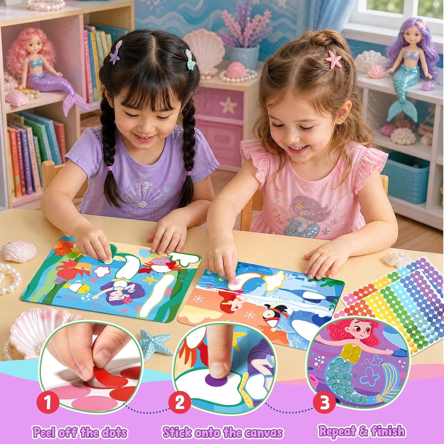 JoyCat 24 Pack Princess+ Mermaid Dot Art Craft Kits for Kids Party Favors, Mess-Free Dot Sticker Activity Set with 4800+ Stickers & Goodie Bags, Goodie Bag Stuffers, Mermaid Toys for Ages 3-8