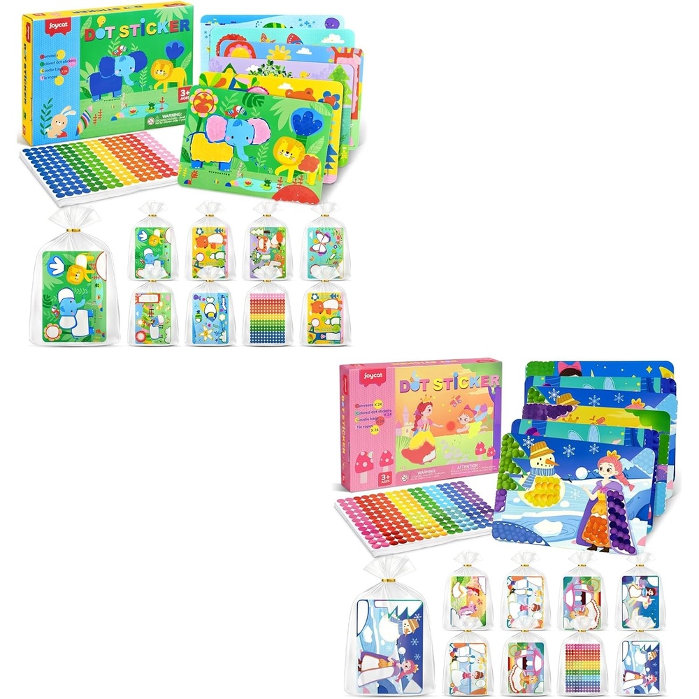 JoyCat 24 Pack Animal+Princess Dot Art Craft Kits for Kids Party Favors, Mess-Free Dot Sticker Activity Set with 4800+ Stickers & Goodie Bags, Classroom Prizes, Goodie Bag Stuffers Ages 3-8