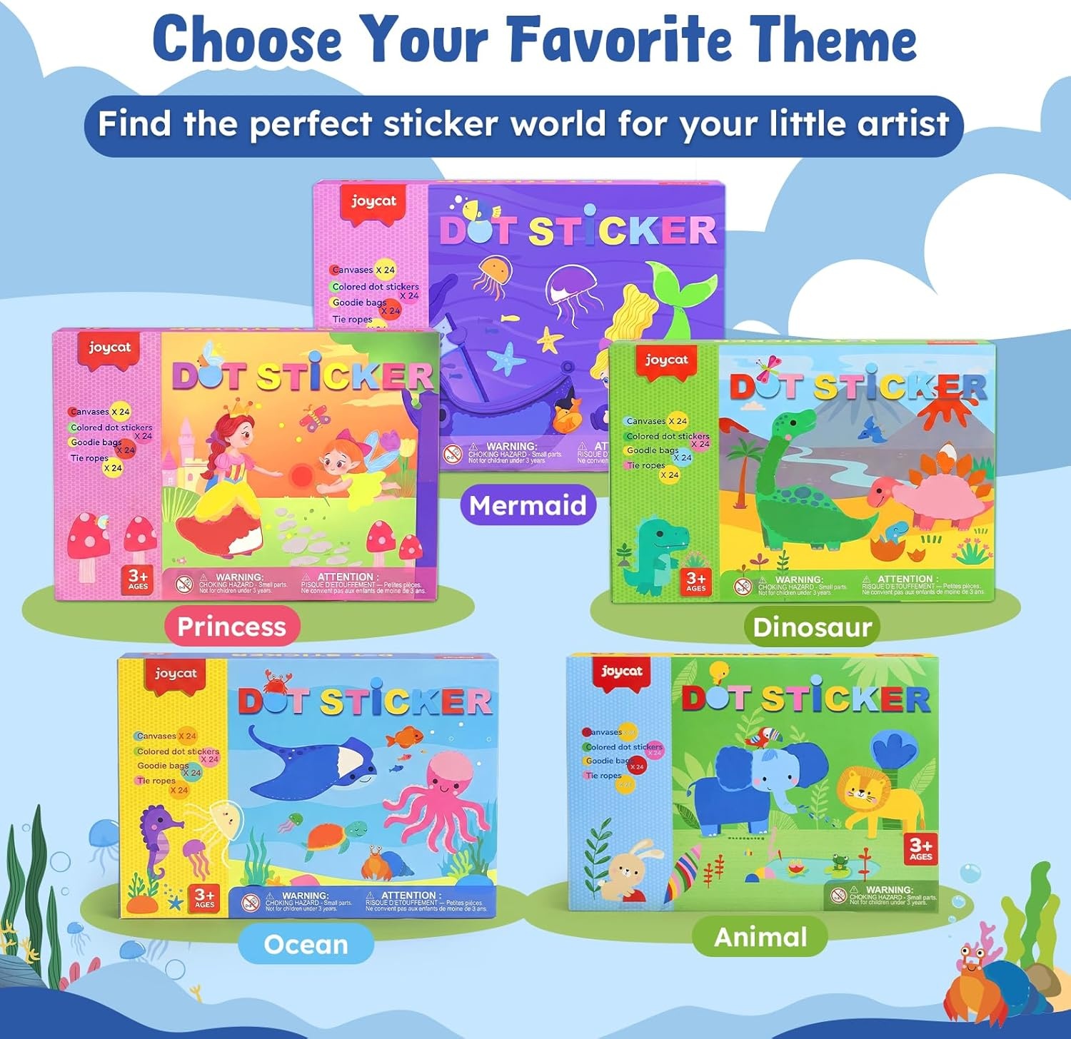 JoyCat 24 Pack Animal+Ocean Dot Art Craft Kits for Kids Party Favors, Mess-Free Dot Sticker Activity Set with 4800+ Stickers & Goodie Bags, Classroom Prizes, Goodie Bag Stuffers Ages 3-8