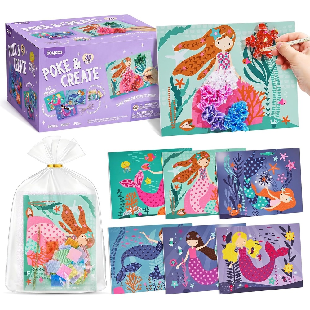 JoyCat 12 Pack DIY Mermaid Poke Art Party Favors – Crafts for Kids Ages 4‑8, Mess‑Free Arts & Crafts Kit, Activity Set for Birthday Goodie Bags & Classroom Prizes(Mermaid)