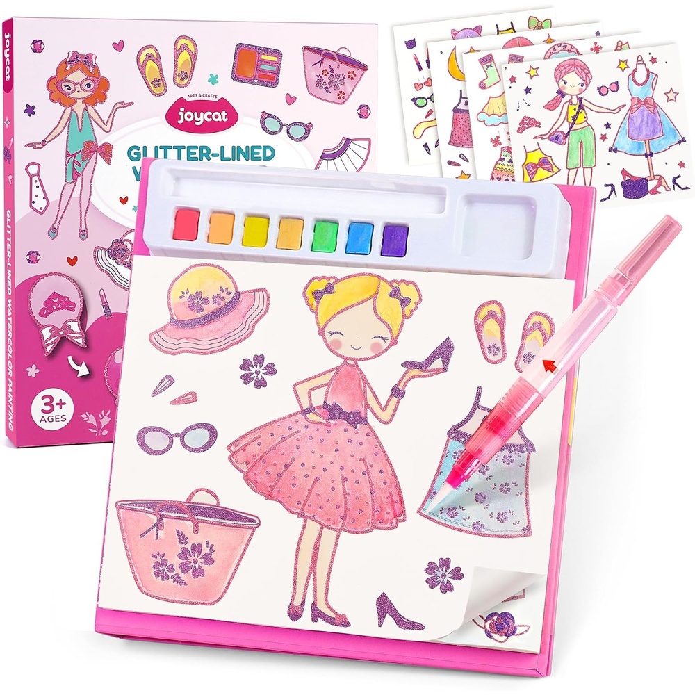 JoyCat Glitter-Lined Paint with Water Coloring Book for Kids (Glow Girls)(Pink)