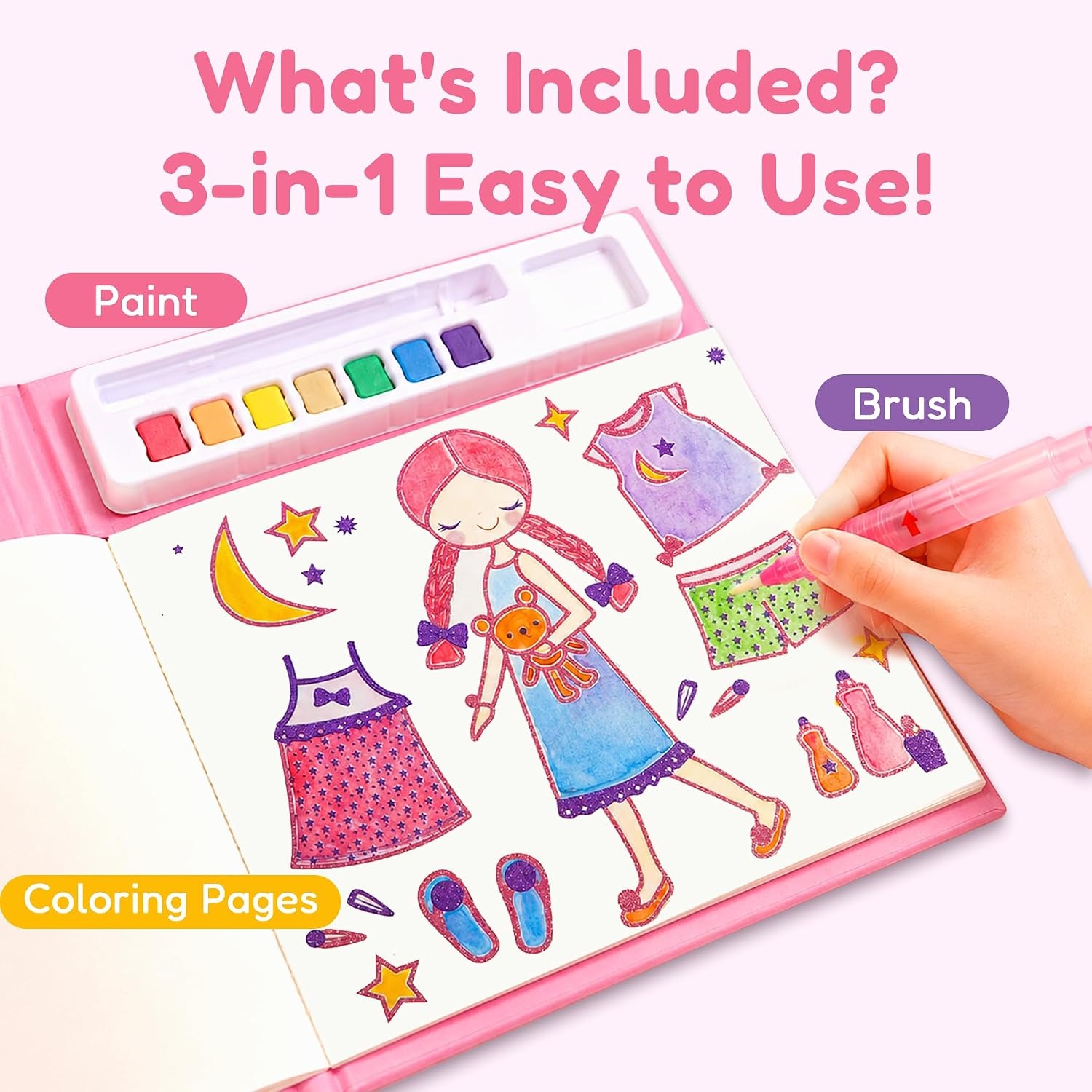 JoyCat Glitter-Lined Paint with Water Coloring Book for Kids (Glow Girls)(Pink)