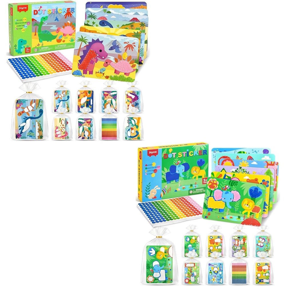 JoyCat 24 Pack Dinosaur + Animal Dot Art Craft Kits for Kids Party Favors, Mess-Free Dot Sticker Activity Set with 4800+ Stickers & Goodie Bags, Classroom Prizes, Goodie Bag Stuffers for Ages 3-8