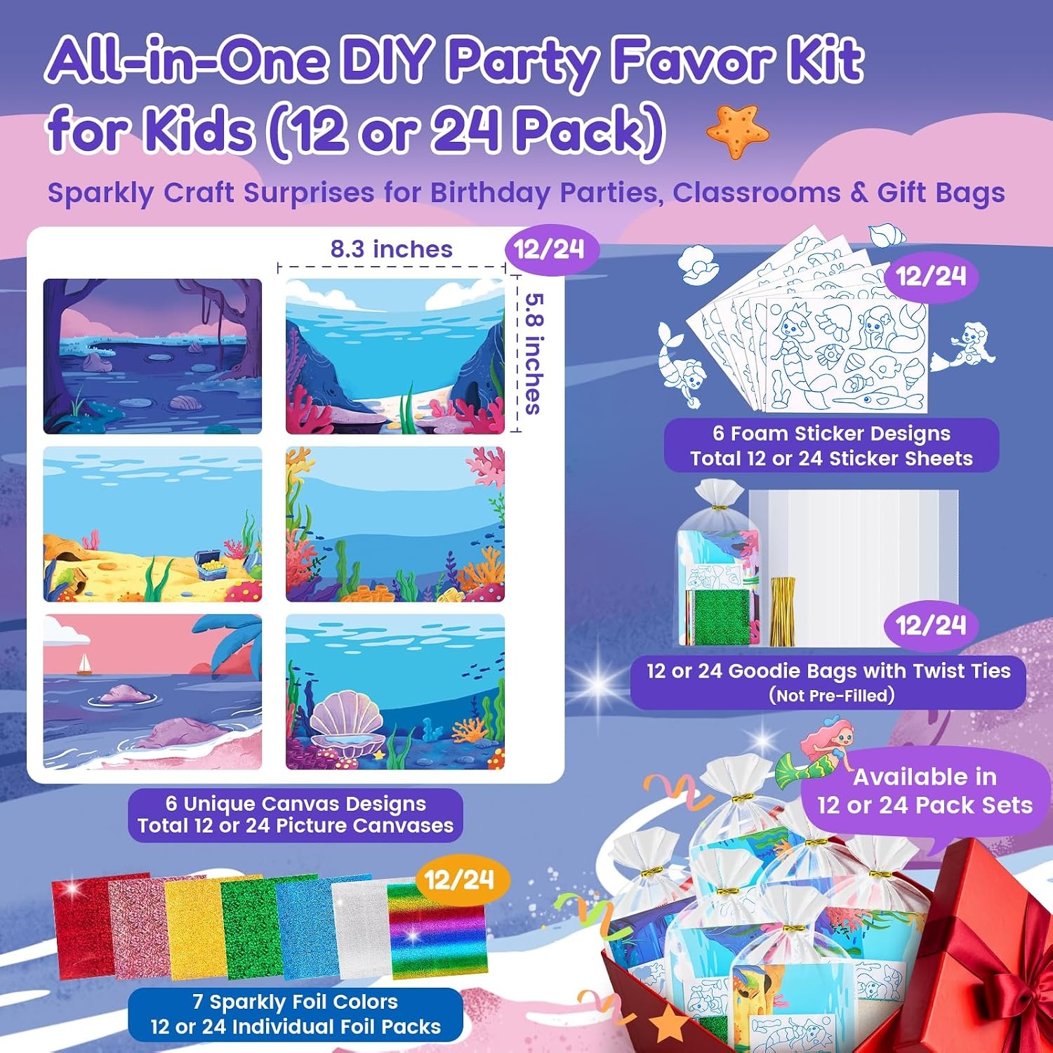 JoyCat 24 Pack Dinosaur Foil Art Party Favors, Craft Kits for Kids Ages 4-9(Mermaid)
