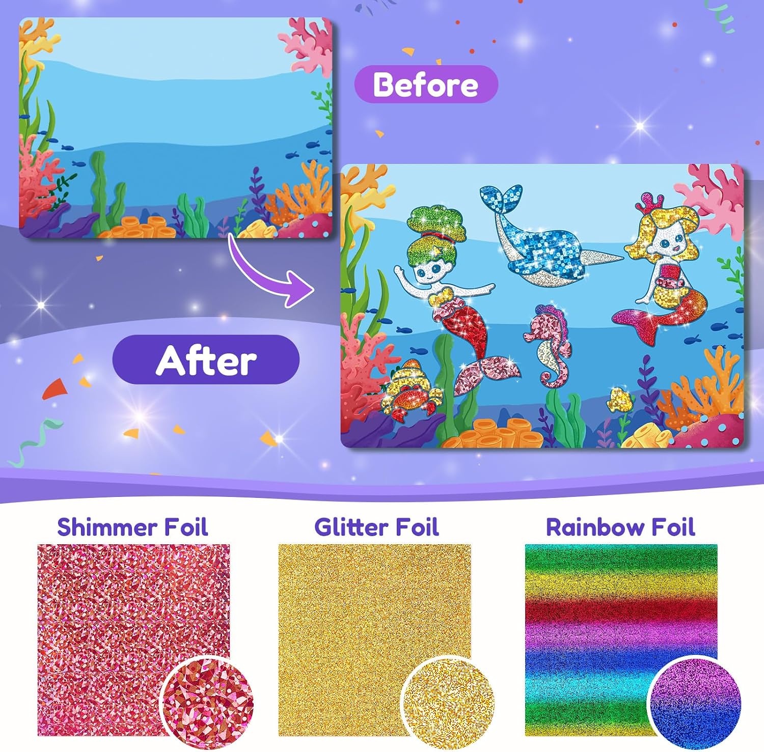 JoyCat 24 Pack Dinosaur Foil Art Party Favors, Craft Kits for Kids Ages 4-9(Mermaid)