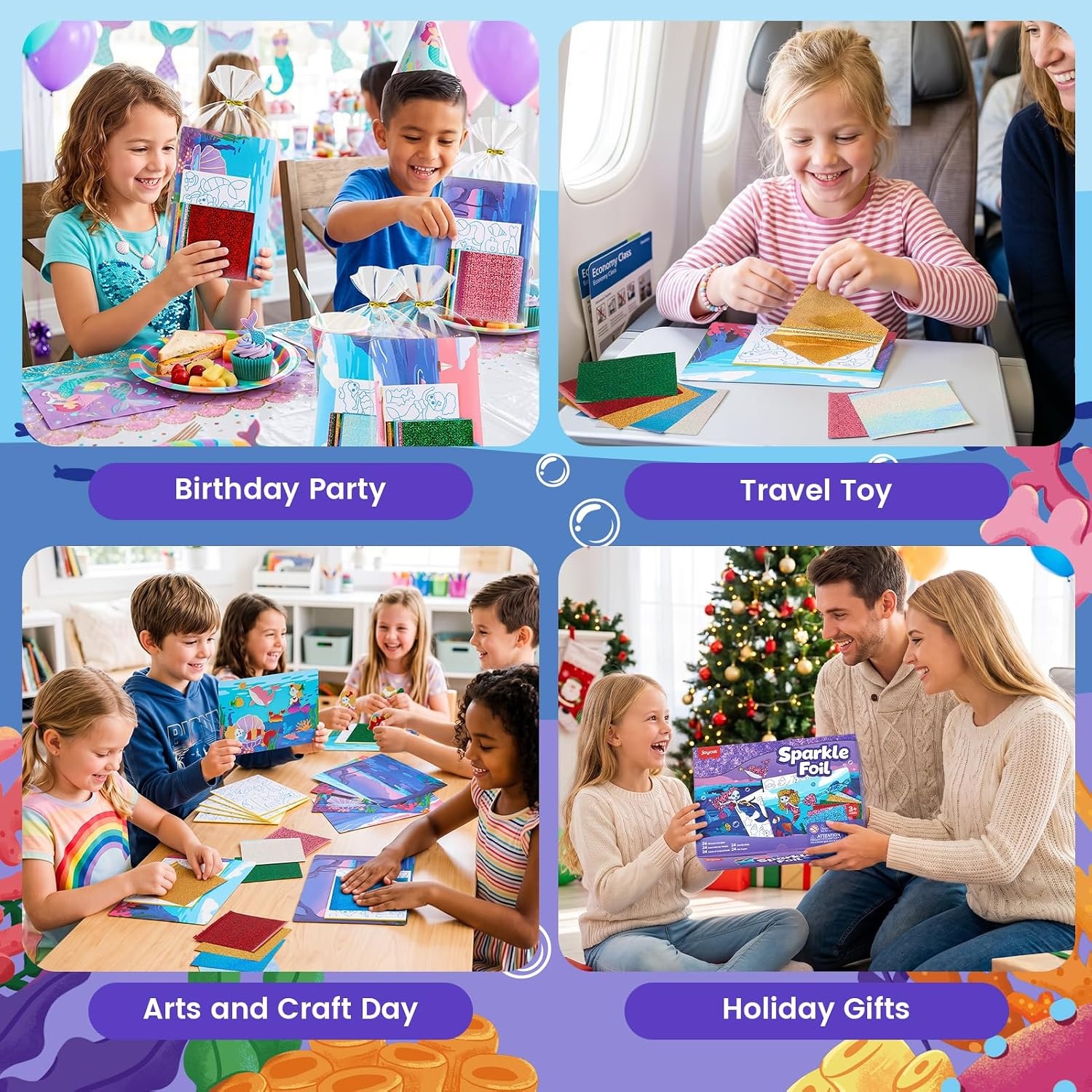 JoyCat 24 Pack Dinosaur Foil Art Party Favors, Craft Kits for Kids Ages 4-9(Mermaid)