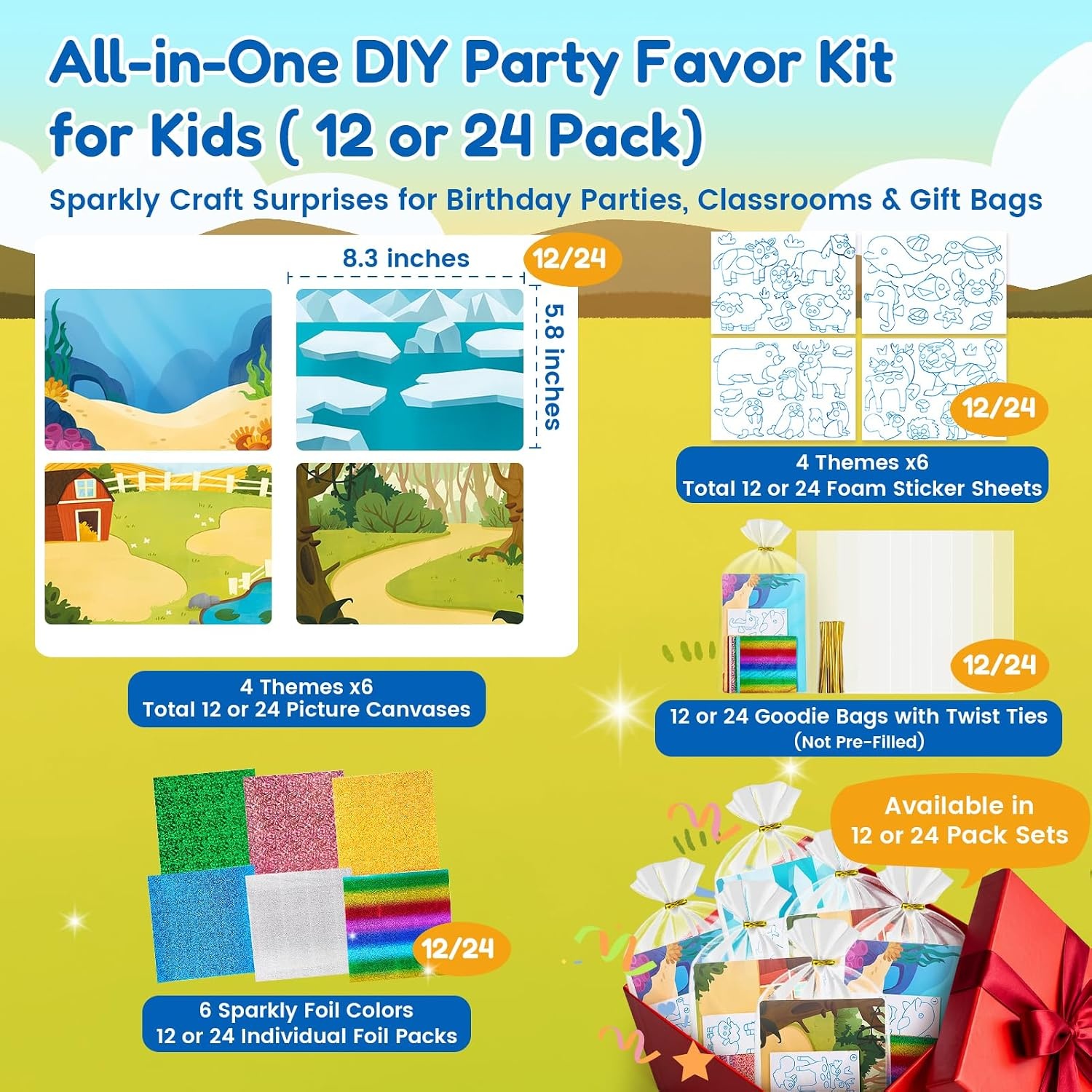 JoyCat 24 Pack Dinosaur Foil Art Party Favors, Craft Kits for Kids Ages 4-9(Animal)