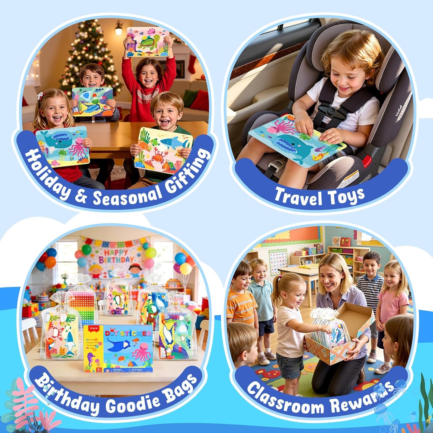 JoyCat 12 Pack Ocean Dot Art Craft Kits for Kids Party Favors, Mess-Free Dot Sticker Activity Set with 2400+ Stickers & Goodie Bags, Sea Animal Classroom Prizes, Goodie Bag Stuffers Ages 3-8