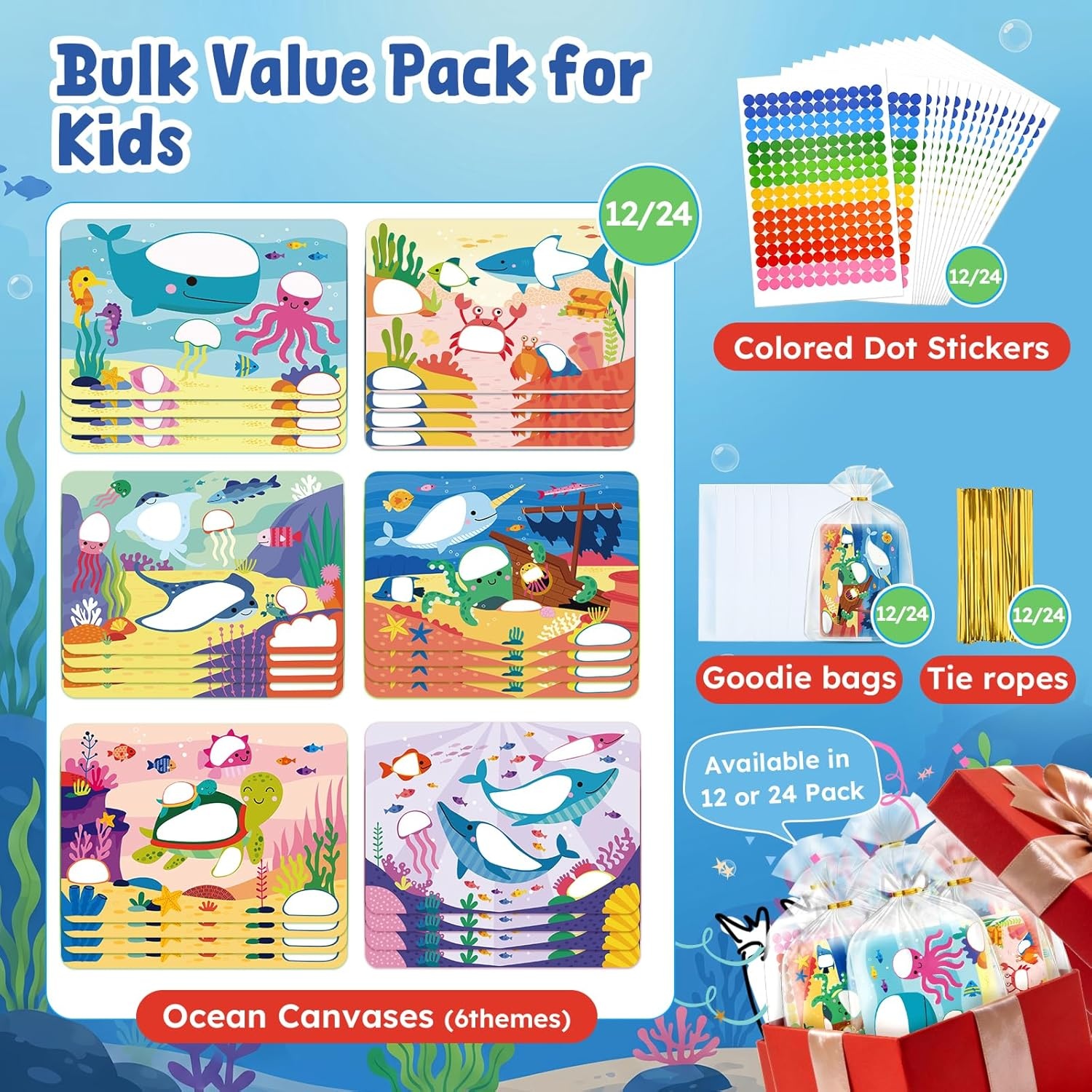 JoyCat 12 Pack Ocean Dot Art Craft Kits for Kids Party Favors, Mess-Free Dot Sticker Activity Set with 2400+ Stickers & Goodie Bags, Sea Animal Classroom Prizes, Goodie Bag Stuffers Ages 3-8