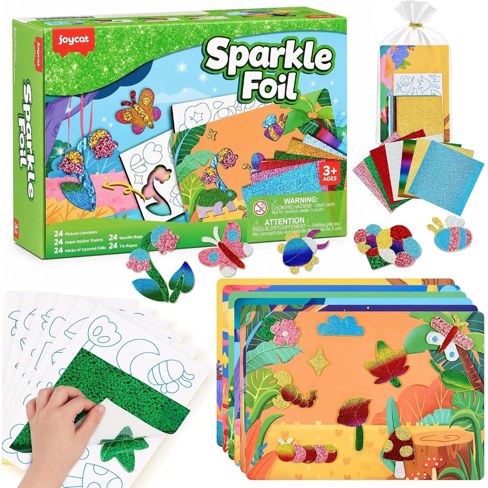 JoyCat 24 Pack Dinosaur Foil Art Party Favors, Craft Kits for Kids Ages 4-9(Flower & Insect)