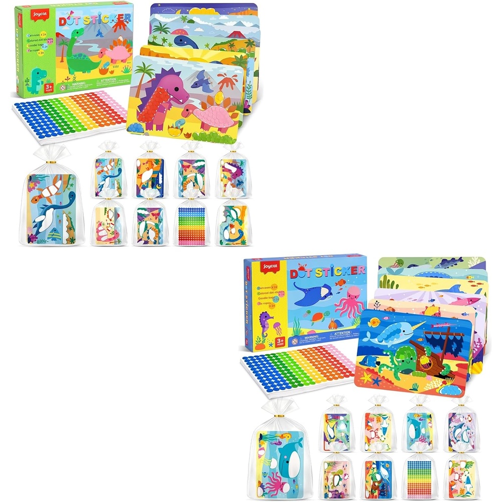 JoyCat 24 Pack Dinosaur + Ocean Dot Art Craft Kits for Kids Party Favors, Mess-Free Dot Sticker Activity Set with 4800+ Stickers & Goodie Bags, Classroom Prizes, Goodie Bag Stuffers, Toys for Ages 3-8