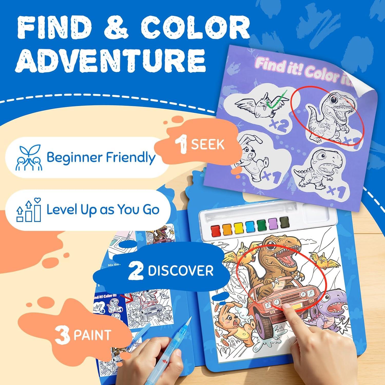 JoyCat Find & Color Paint with Water Coloring Books for Toddlers, Educational Seek and Find, No Mess Art & Craft Toy, Fun Learning Activity for Kids Ages 3-5 4-8, Gift for Girls Boys (Fashion Dress-up)(Dinosaurs)