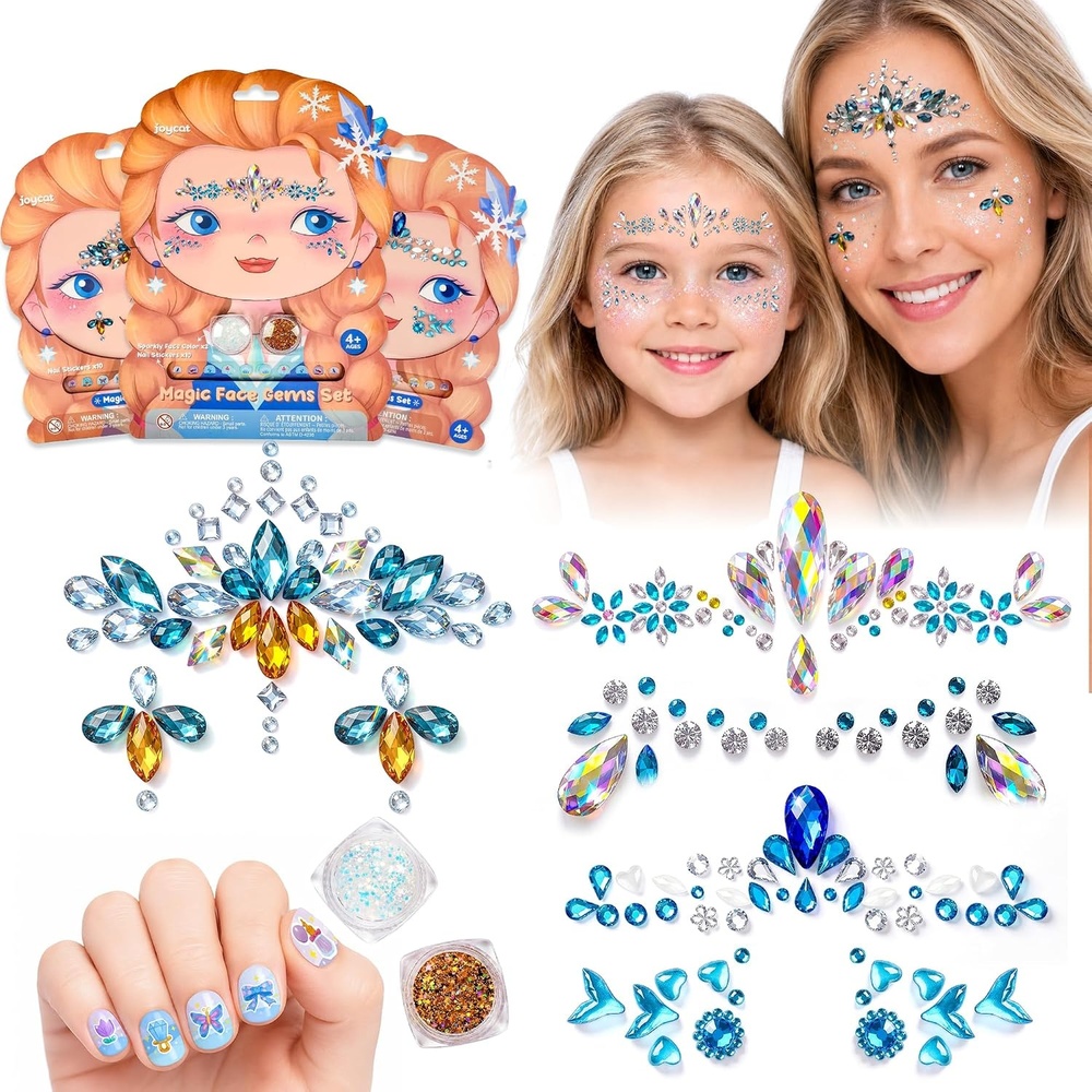 JoyCat Pre-Placed Face Gems for Women Teens & Kids, Rhinestone Jewels(Winter Princess)
