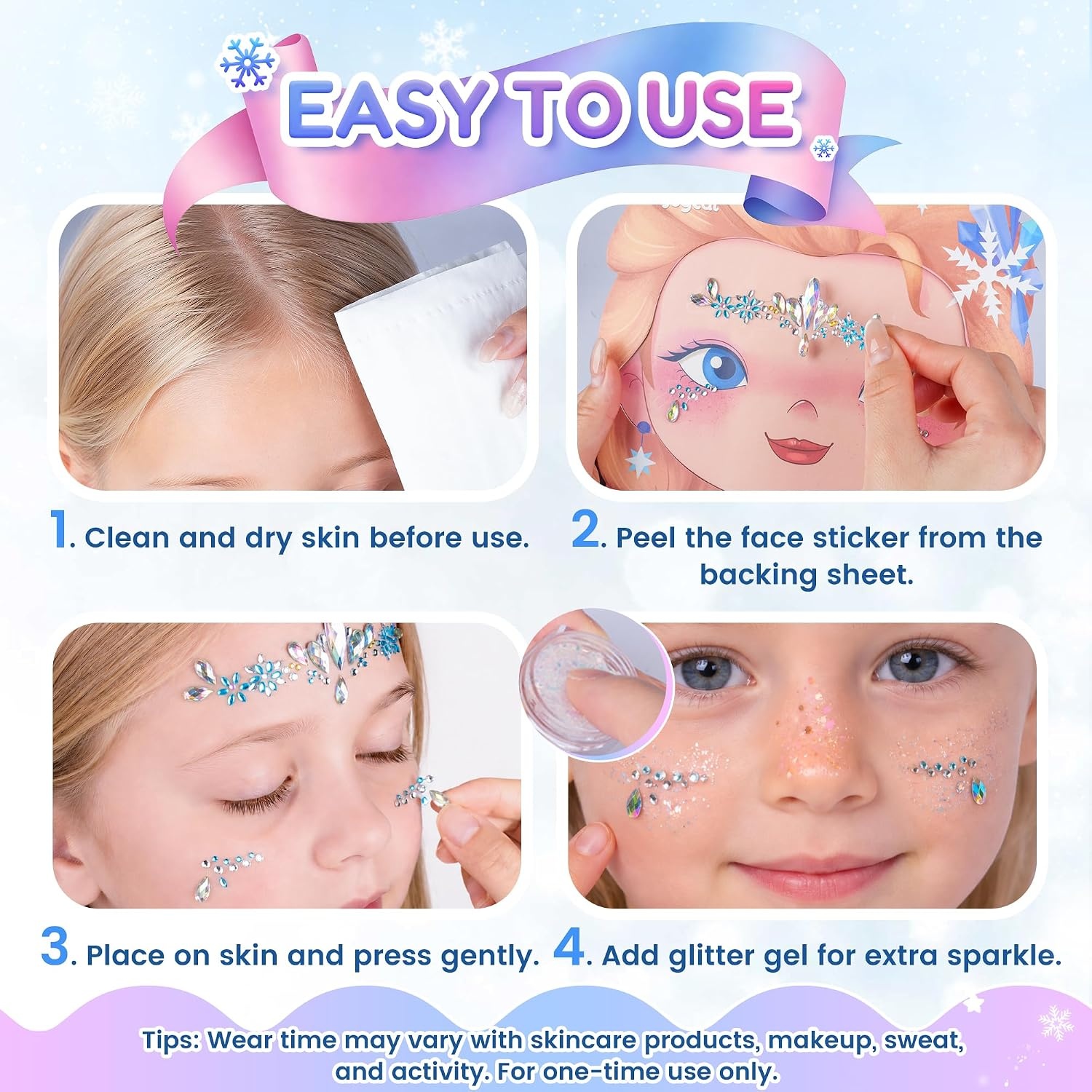 JoyCat Pre-Placed Face Gems for Women Teens & Kids, Rhinestone Jewels(Winter Princess)