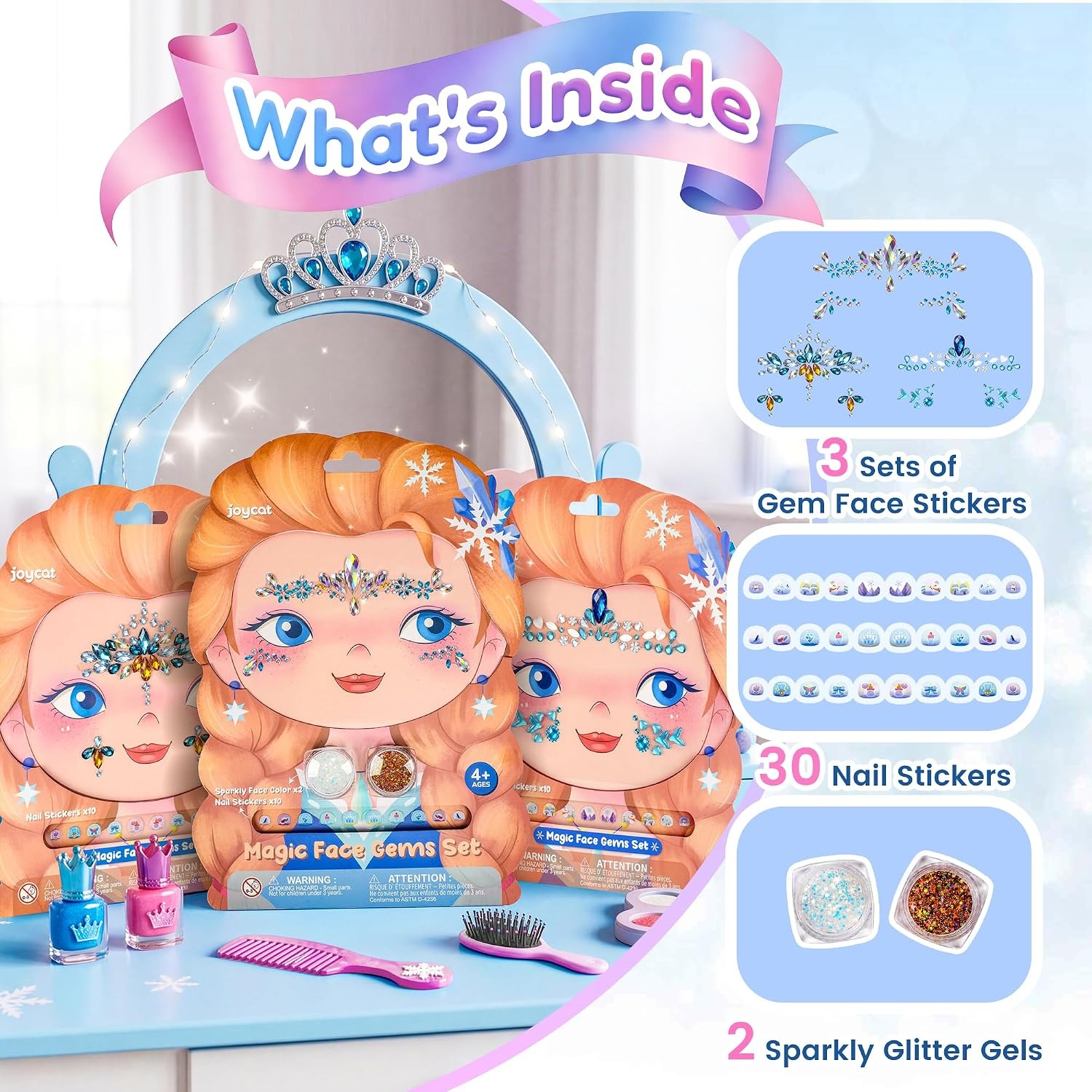 JoyCat Pre-Placed Face Gems for Women Teens & Kids, Rhinestone Jewels(Winter Princess)
