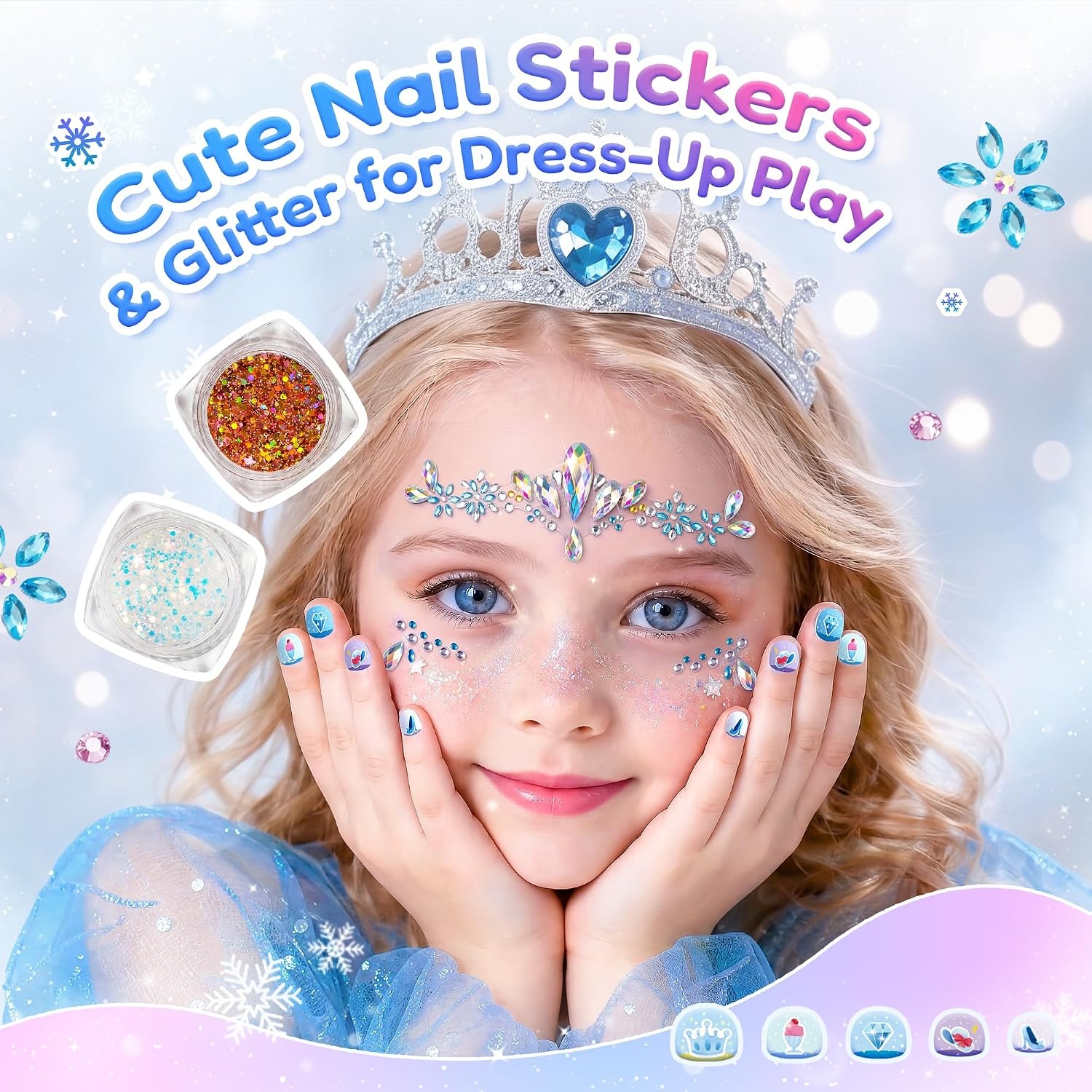 JoyCat Pre-Placed Face Gems for Women Teens & Kids, Rhinestone Jewels(Winter Princess)