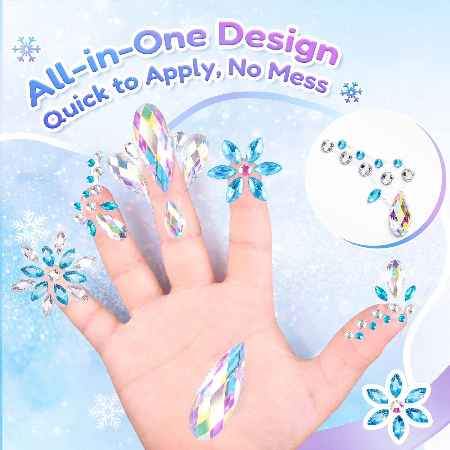 JoyCat Pre-Placed Face Gems for Women Teens & Kids, Rhinestone Jewels(Winter Princess)