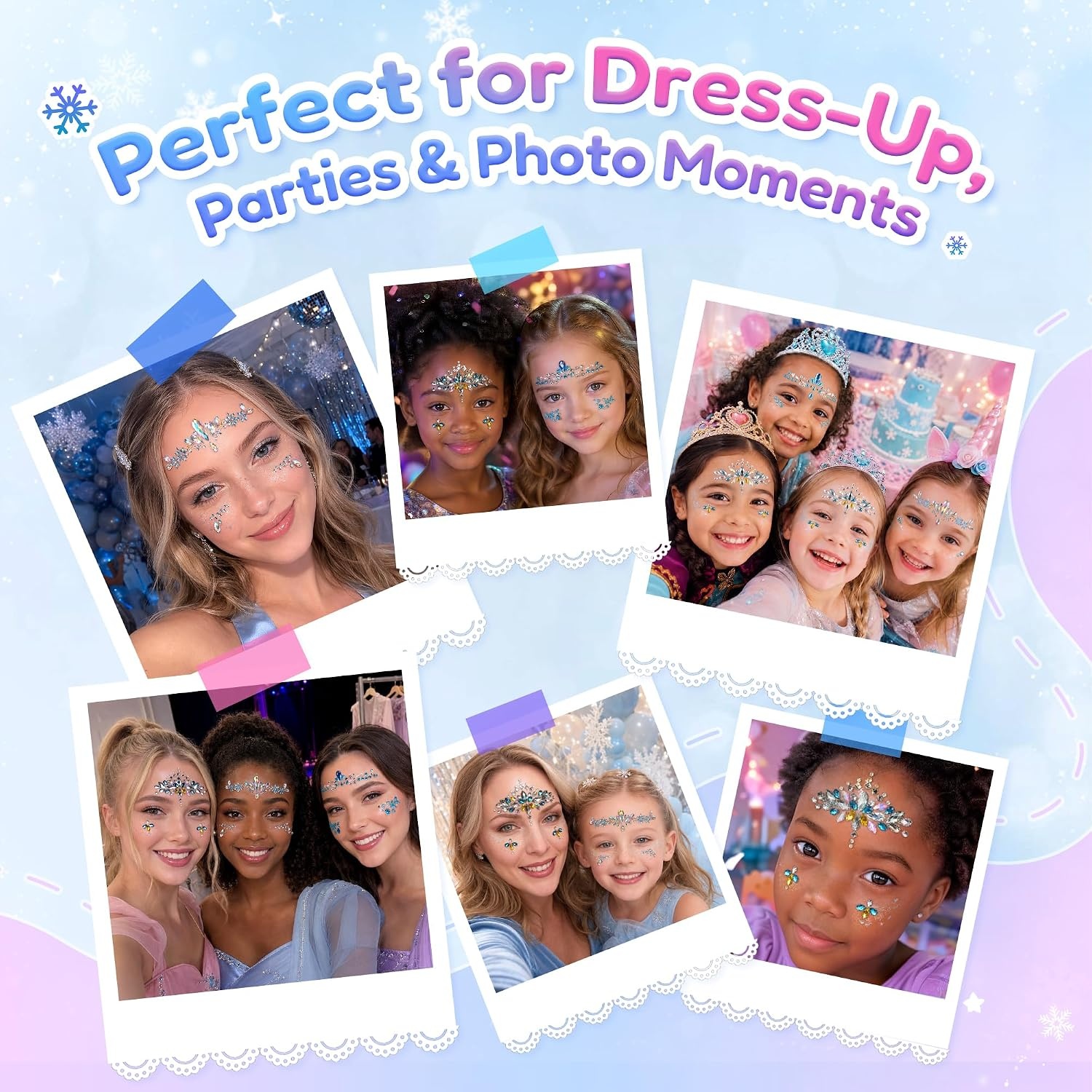 JoyCat Pre-Placed Face Gems for Women Teens & Kids, Rhinestone Jewels(Winter Princess)