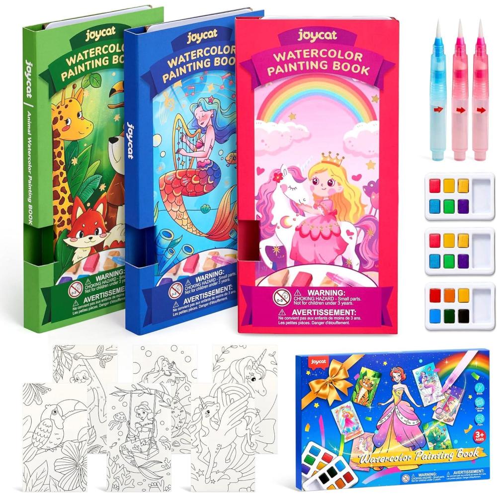 JoyCat 3 Pack Pocket Paint with Water Coloring Books for Kids, Art & Craft Activity Toy Set, Creative Travel & Home Painting Kit, Easter Gifts for Girls & Boys Ages 3-8 (3 Pack – Magical Pony & Ocean Princess & Animals)(3 Pack – Magical Pony & Ocean Prince