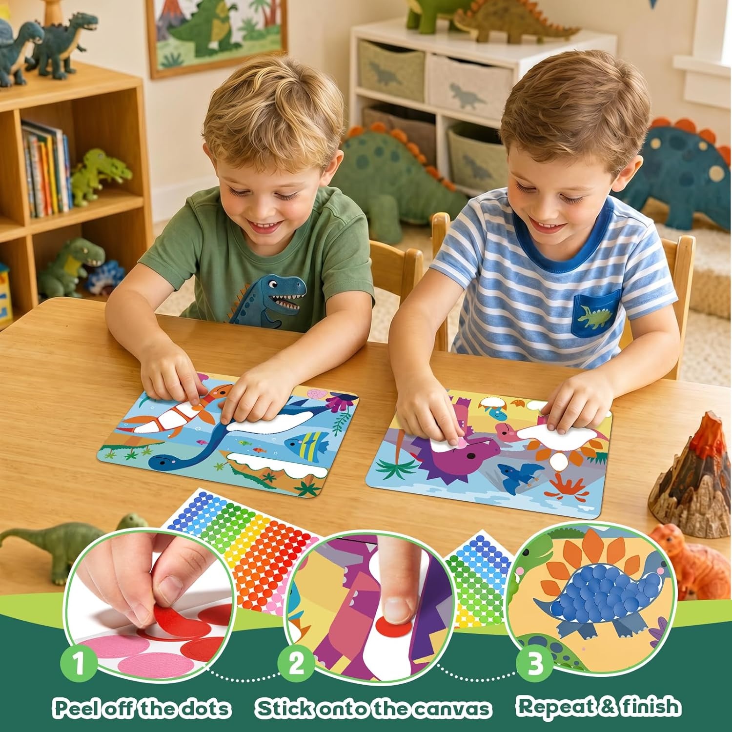JoyCat 12 Pack Dinosaur Dot Art Craft Kits for Kids Party Favors, Mess-Free Dot Sticker Activity Set with 2400+ Stickers & Goodie Bags, Classroom Prizes, Goodie Bag Stuffers, Dino Toys for Ages 3-8