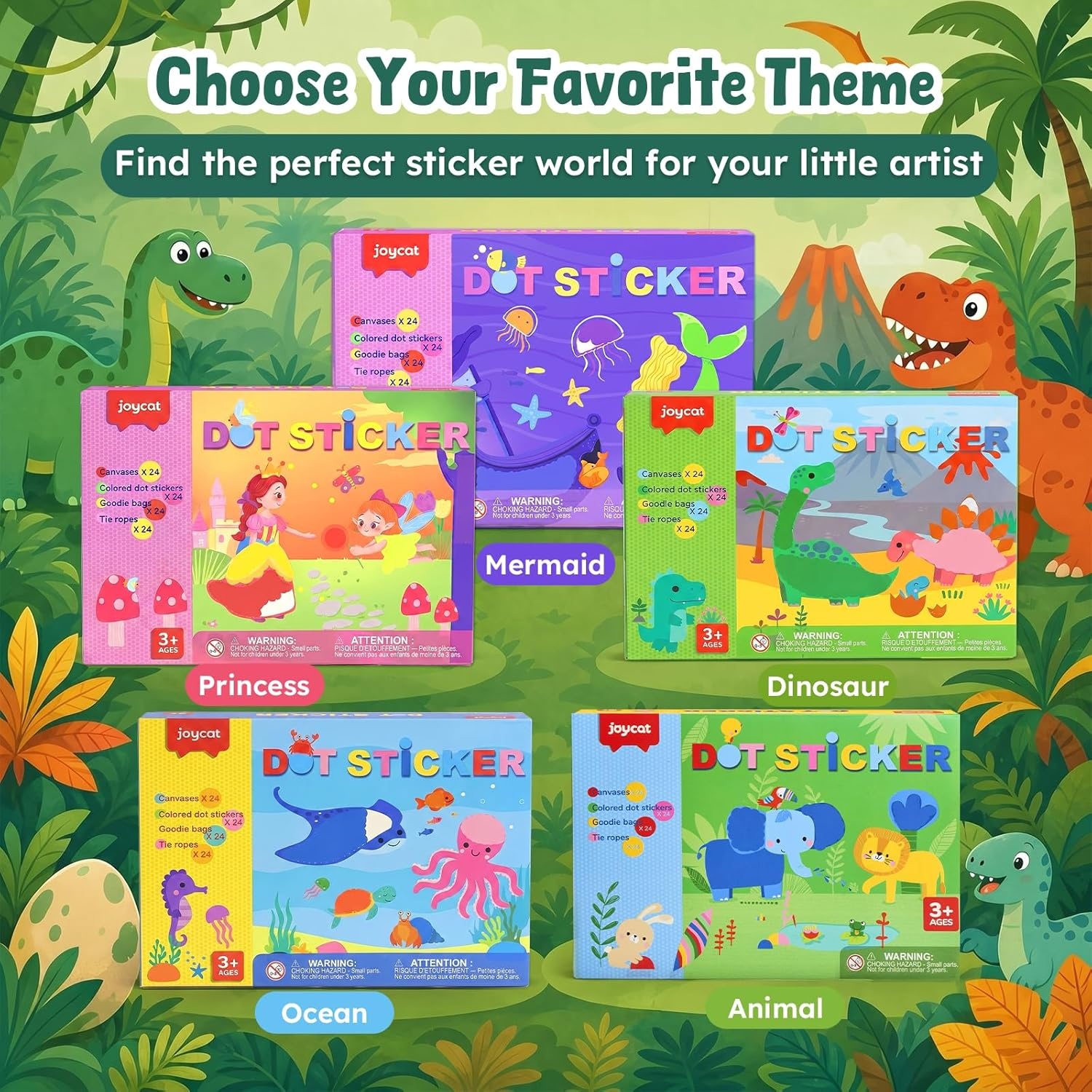 JoyCat 12 Pack Dinosaur Dot Art Craft Kits for Kids Party Favors, Mess-Free Dot Sticker Activity Set with 2400+ Stickers & Goodie Bags, Classroom Prizes, Goodie Bag Stuffers, Dino Toys for Ages 3-8