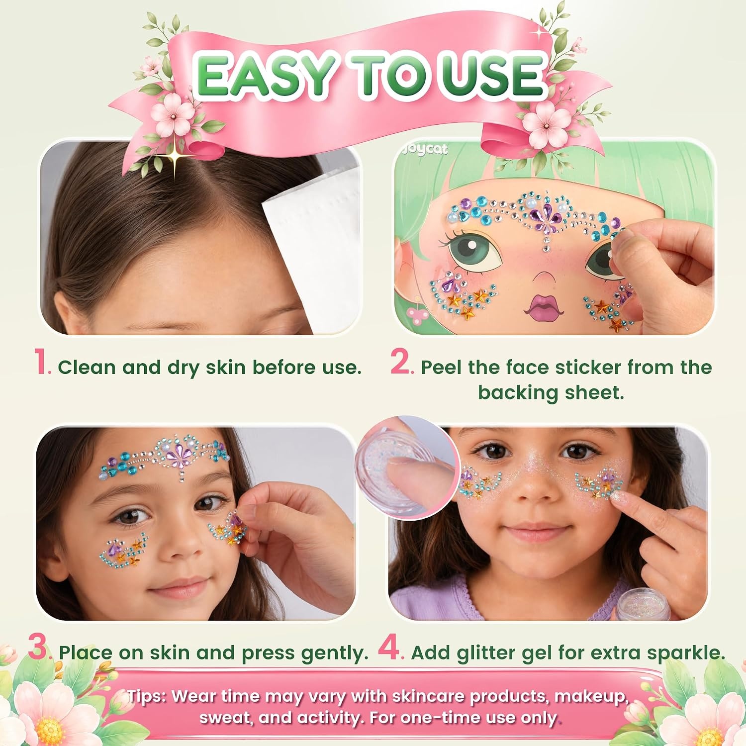 JoyCat Pre-Placed Face Gems for Women Teens & Kids, Rhinestone Jewels(Woodland Princess)