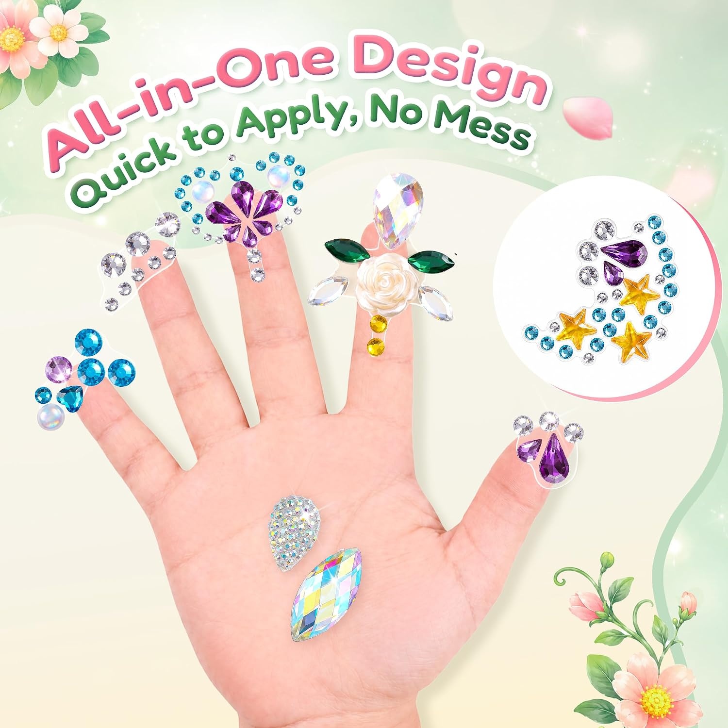 JoyCat Pre-Placed Face Gems for Women Teens & Kids, Rhinestone Jewels(Woodland Princess)