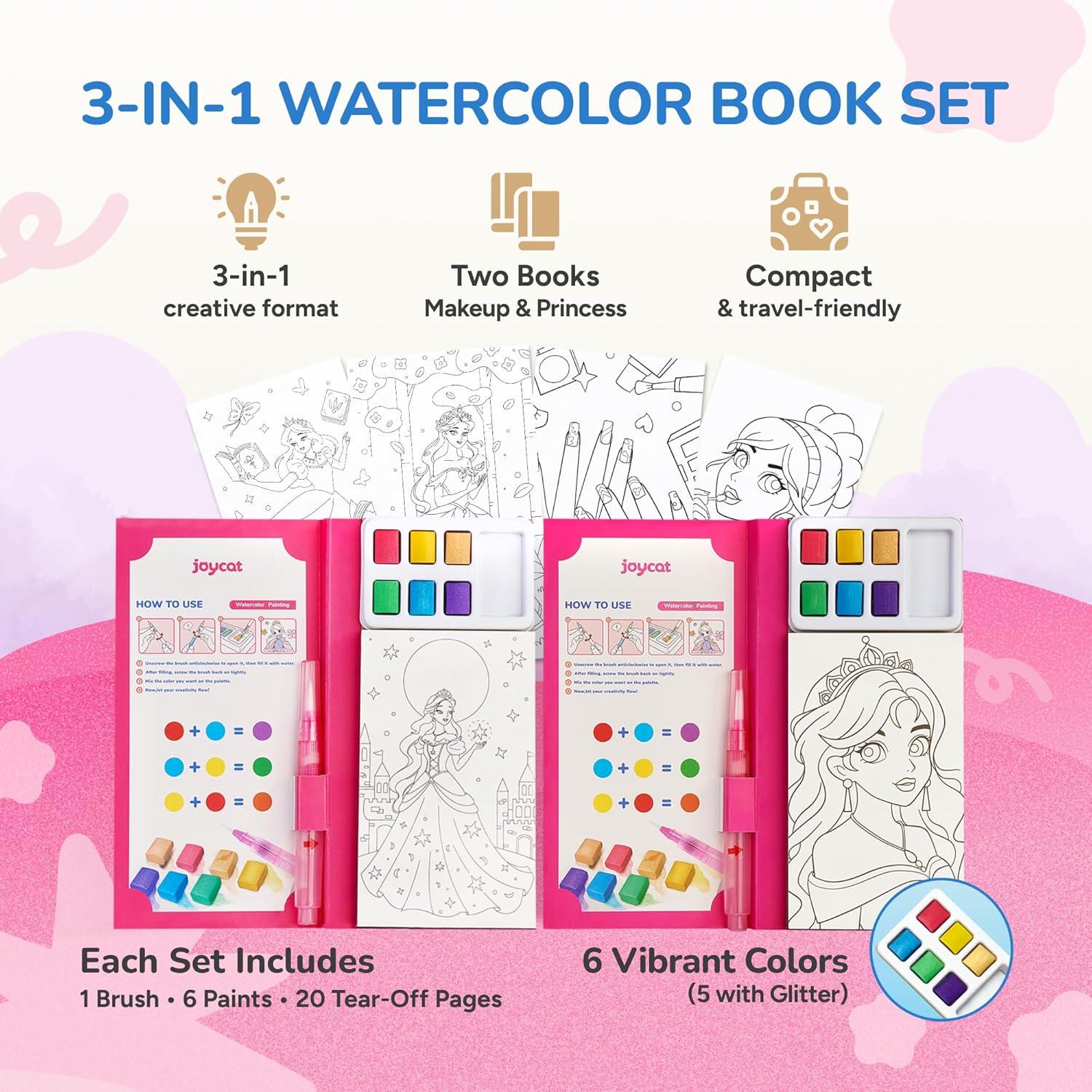 JoyCat Pocket Paint with Water Coloring Books for Kids, Art & Craft Activity Toy Set, Creative Travel & Home Painting Kit, Gifts for Girls & Boys Ages 3-8 (Animals)(2 Pack – Makeup & Princess)