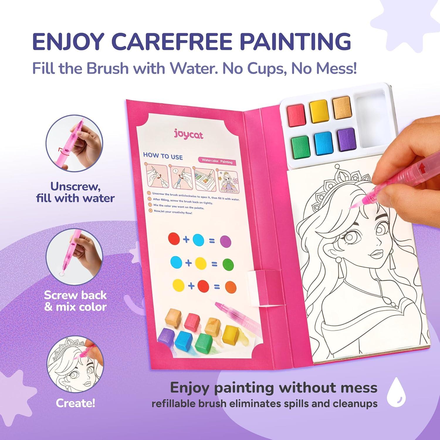 JoyCat Pocket Paint with Water Coloring Books for Kids, Art & Craft Activity Toy Set, Creative Travel & Home Painting Kit, Gifts for Girls & Boys Ages 3-8 (Animals)(2 Pack – Makeup & Princess)