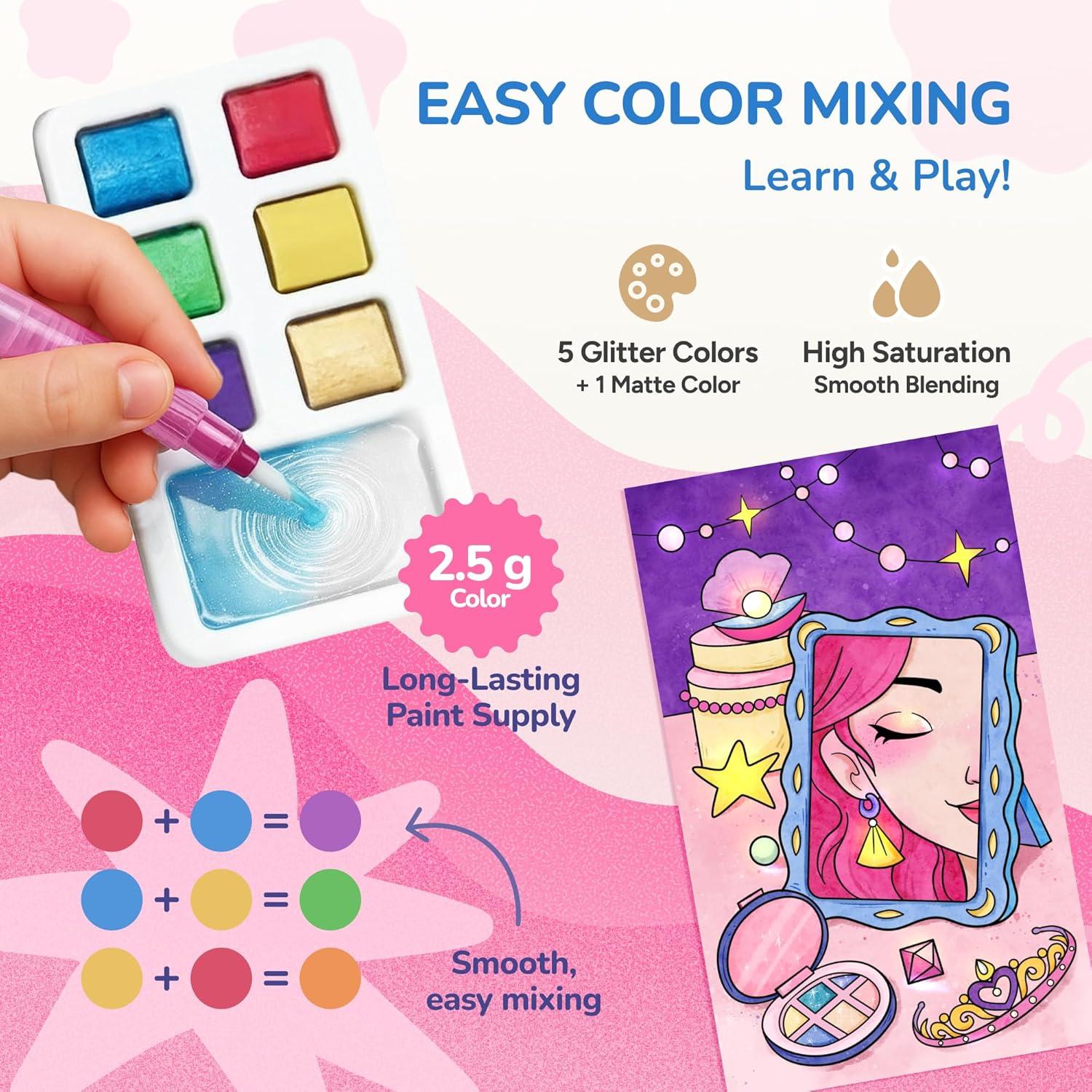 JoyCat Pocket Paint with Water Coloring Books for Kids, Art & Craft Activity Toy Set, Creative Travel & Home Painting Kit, Gifts for Girls & Boys Ages 3-8 (Animals)(2 Pack – Makeup & Princess)