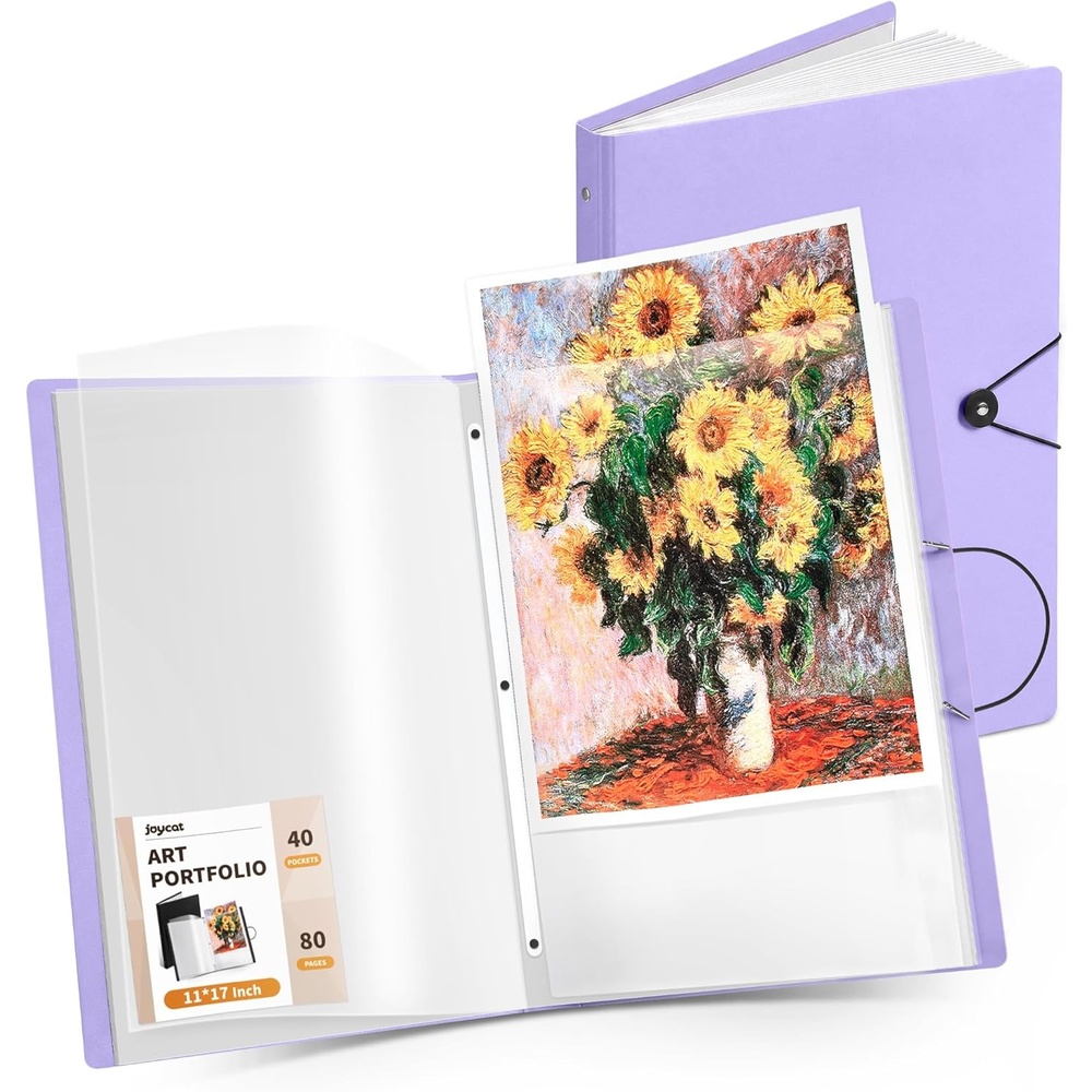 JoyCat Art Portfolio Binder Fits 11″x17″,40 Pockets Art Folder with Clear View Pages, 80 Sheets Presentation Binder for Artists and Students (Pink)(Purple)