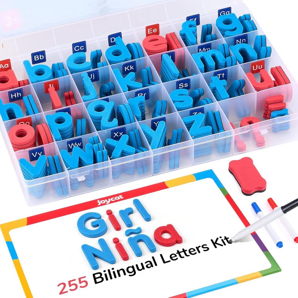 JoyCat Bilingual Magnetic Letters Kit 238 Pcs – Spanish & English Foam Alphabet Set with Double-Side Magnet Board, ABC Learning for Kids Spelling, Phonics & Language Practice(English&Spanish Letters(255PCS))
