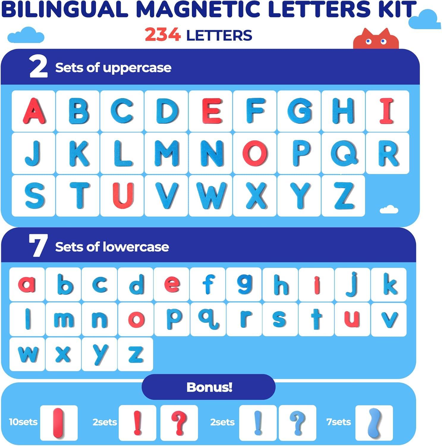 JoyCat Bilingual Magnetic Letters Kit 238 Pcs – Spanish & English Foam Alphabet Set with Double-Side Magnet Board, ABC Learning for Kids Spelling, Phonics & Language Practice(English&Spanish Letters(255PCS))