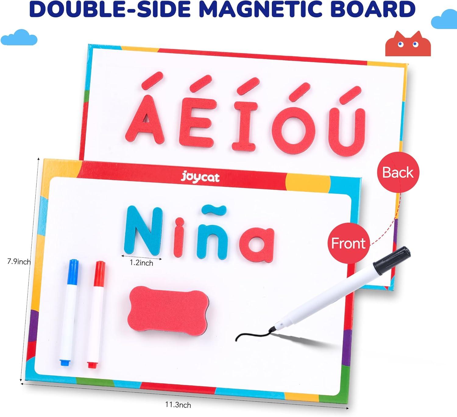 JoyCat Bilingual Magnetic Letters Kit 238 Pcs – Spanish & English Foam Alphabet Set with Double-Side Magnet Board, ABC Learning for Kids Spelling, Phonics & Language Practice(English&Spanish Letters(255PCS))