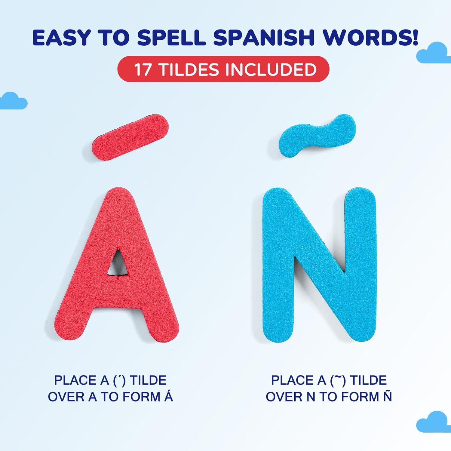 JoyCat Bilingual Magnetic Letters Kit 238 Pcs – Spanish & English Foam Alphabet Set with Double-Side Magnet Board, ABC Learning for Kids Spelling, Phonics & Language Practice(English&Spanish Letters(255PCS))