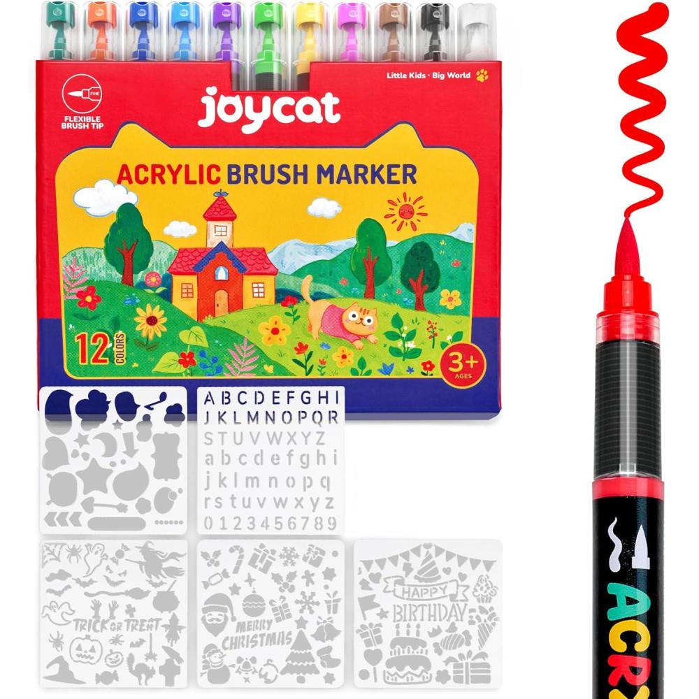 JoyCat Acrylic Paint Marker 12 Color – Intelligent Ink Control System, Brush Tip for Rock Painting, Ceramic, Wood, Canvas & Multi-Surfaces | Quick-Drying, Non-Toxic, Kid-Safe |Ideal Craft Gifts
