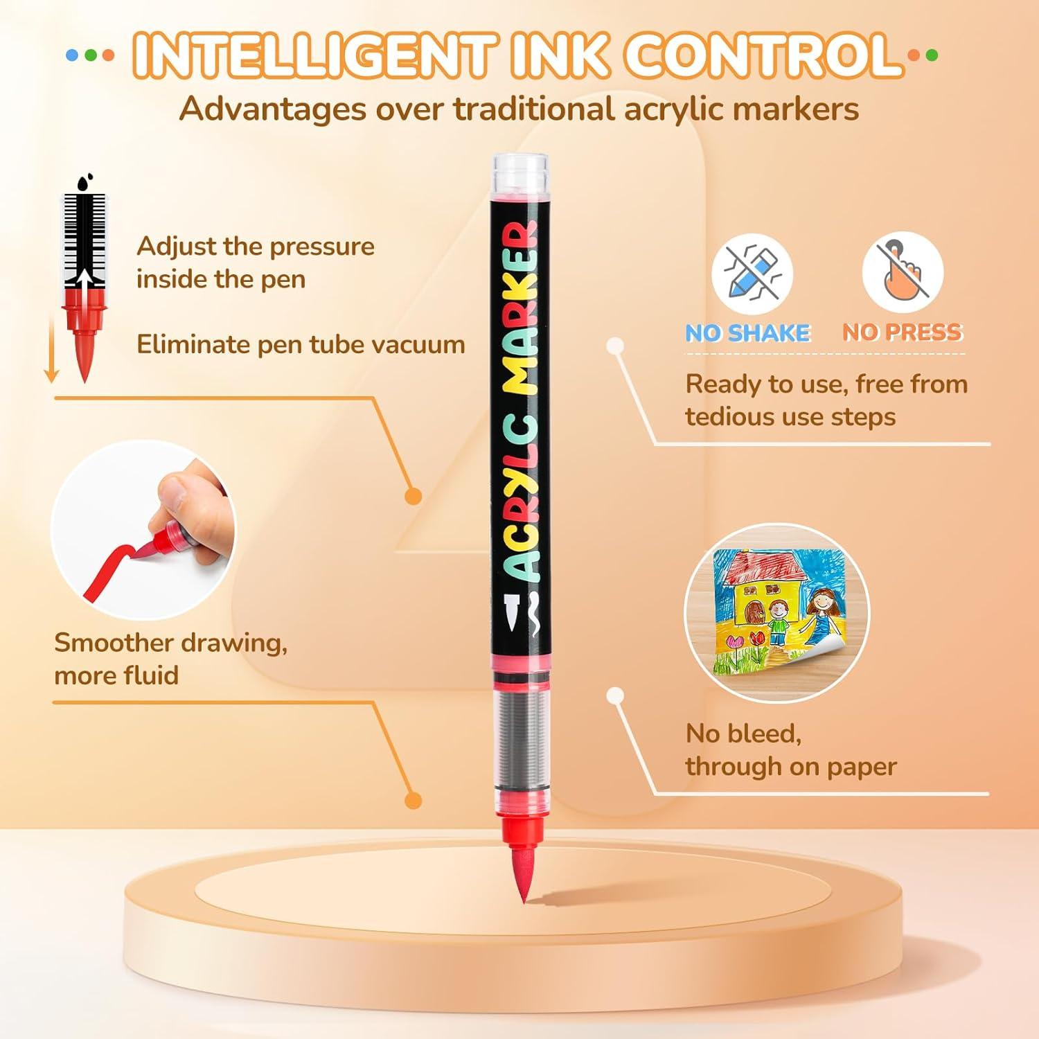 JoyCat Acrylic Paint Marker 12 Color – Intelligent Ink Control System, Brush Tip for Rock Painting, Ceramic, Wood, Canvas & Multi-Surfaces | Quick-Drying, Non-Toxic, Kid-Safe |Ideal Craft Gifts