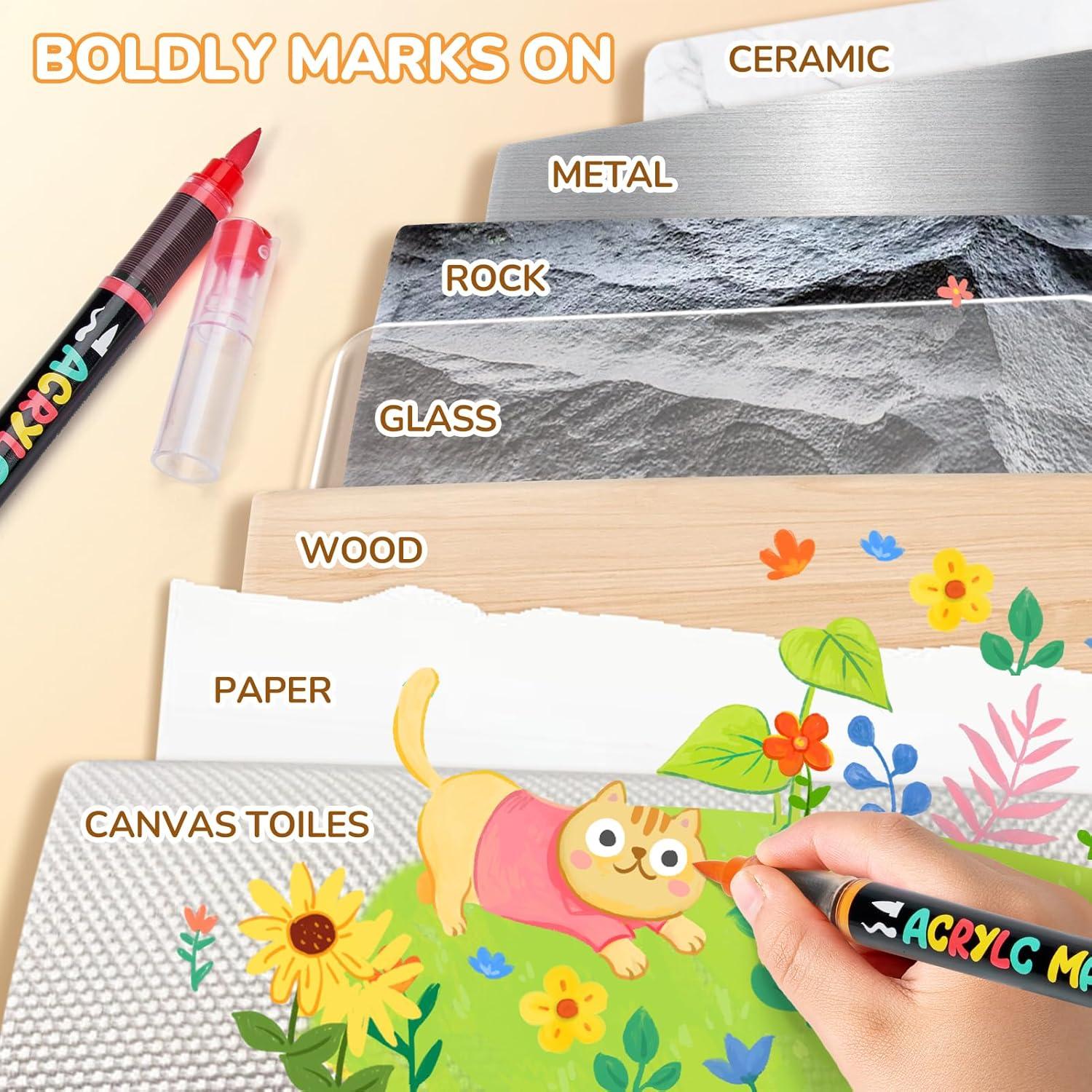 JoyCat Acrylic Paint Marker 12 Color – Intelligent Ink Control System, Brush Tip for Rock Painting, Ceramic, Wood, Canvas & Multi-Surfaces | Quick-Drying, Non-Toxic, Kid-Safe |Ideal Craft Gifts