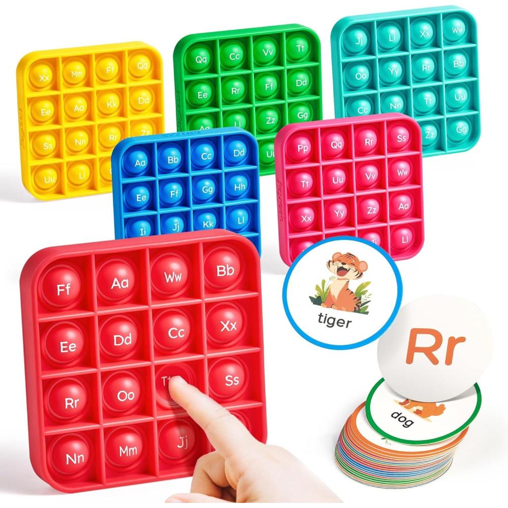 JoyCat Alphabet Bingo Game for Kids Ages 3-5, Sensory ABC Learning Toy with 6 Reusable Silicone Bingo Boards, 26 Double-Sided Letter & Picture Cards, Preschool Kindergarten Classroom Game