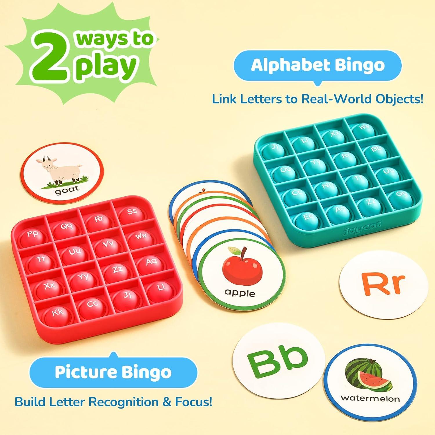 JoyCat Alphabet Bingo Game for Kids Ages 3-5, Sensory ABC Learning Toy with 6 Reusable Silicone Bingo Boards, 26 Double-Sided Letter & Picture Cards, Preschool Kindergarten Classroom Game