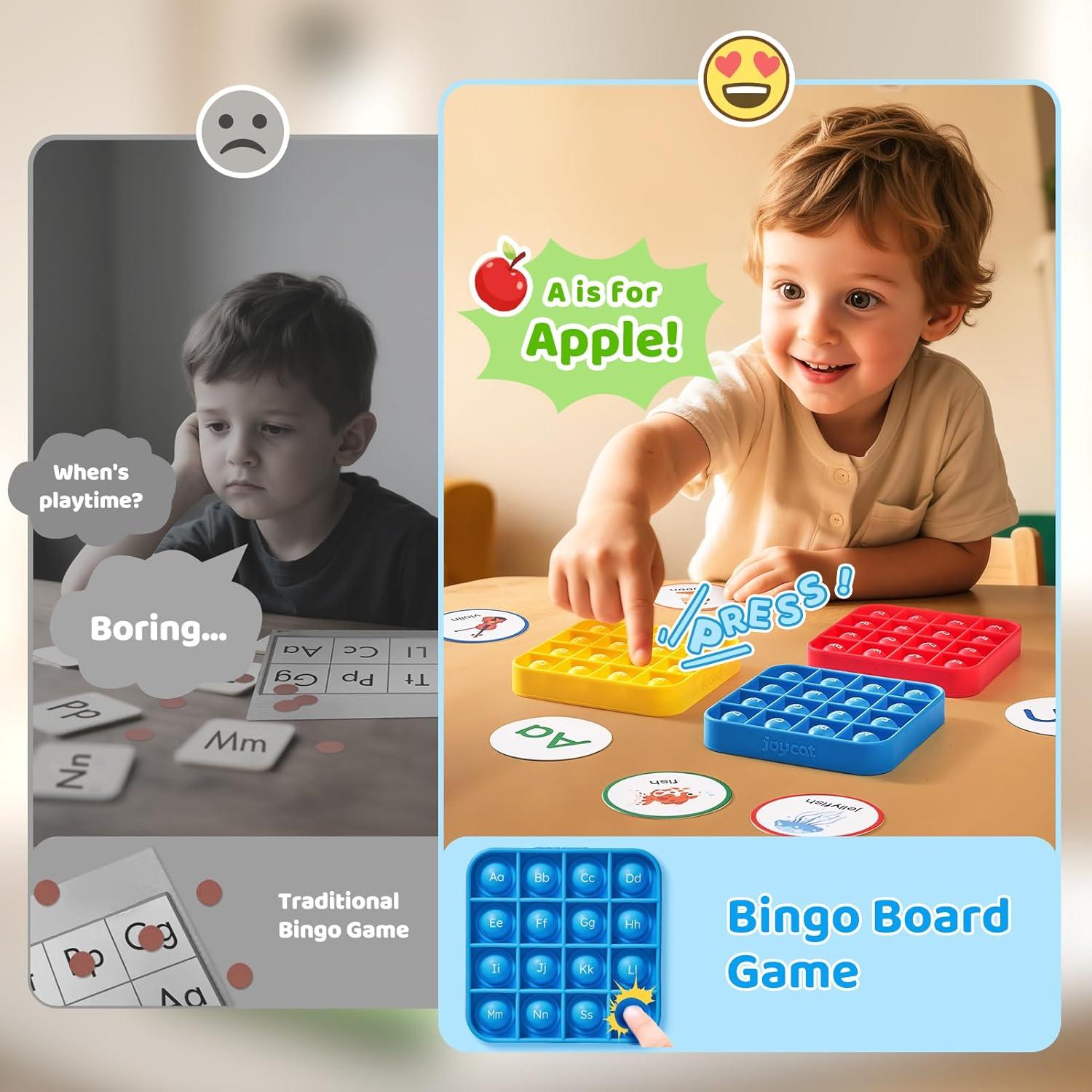 JoyCat Alphabet Bingo Game for Kids Ages 3-5, Sensory ABC Learning Toy with 6 Reusable Silicone Bingo Boards, 26 Double-Sided Letter & Picture Cards, Preschool Kindergarten Classroom Game