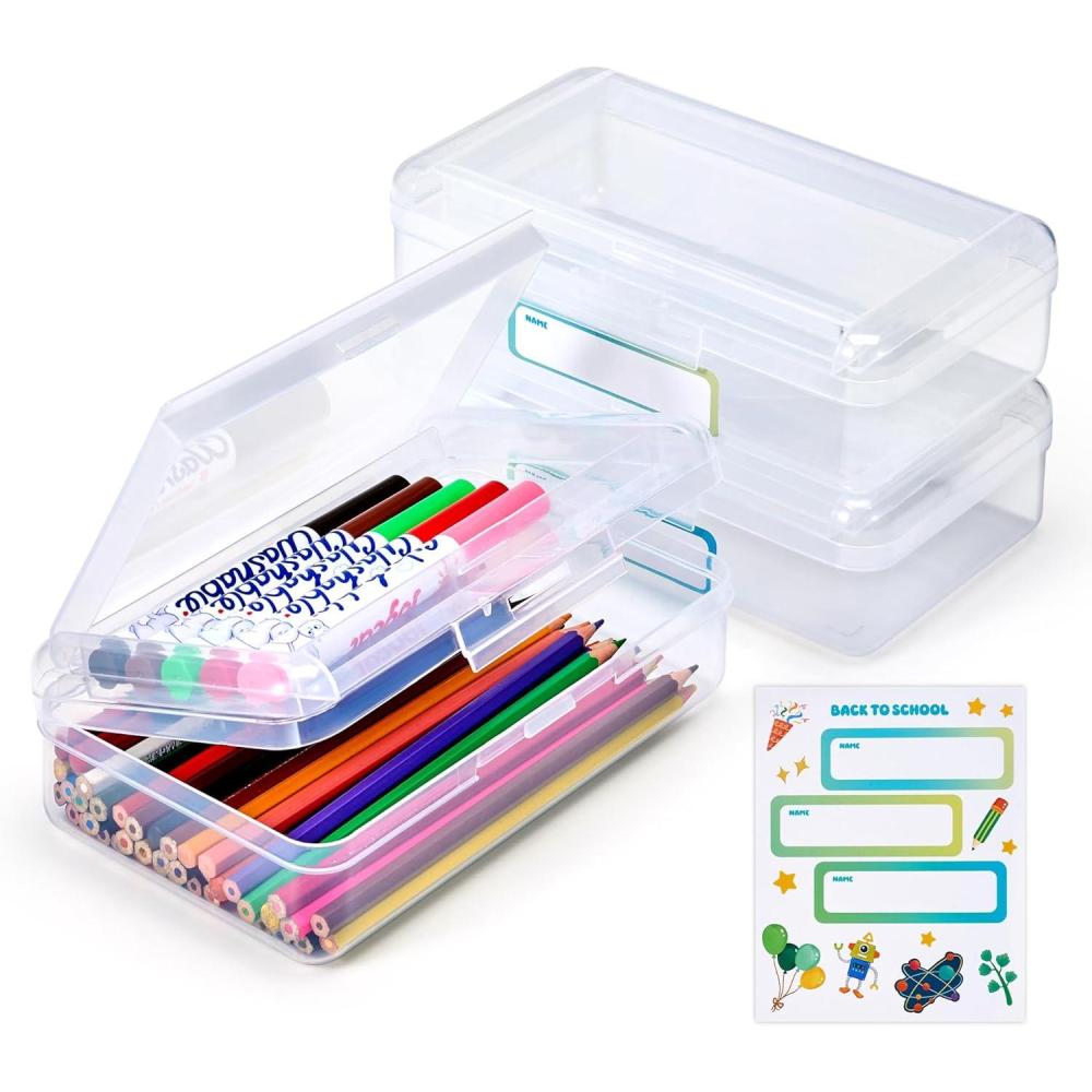 GAMENOTE Plastic Pencil Box with Personalized Sticker,Kids Large Hard Pencil Case with Snap-tight Lid,Clear Crayon Maker Organizer,Small Art Craft Storage Containers,School Supplies Box for Boys,Girls(Clear Double-layer(3 Pack))