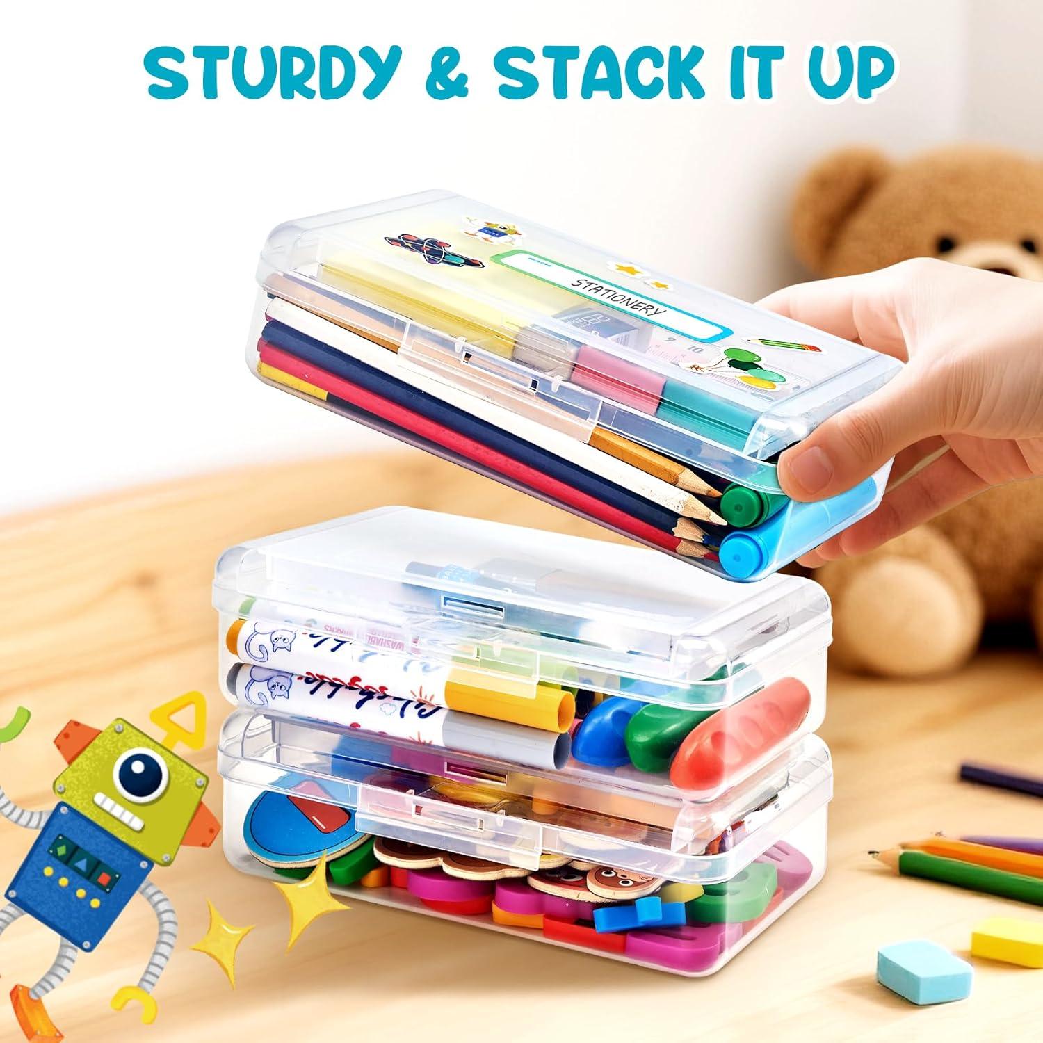 GAMENOTE Plastic Pencil Box with Personalized Sticker,Kids Large Hard Pencil Case with Snap-tight Lid,Clear Crayon Maker Organizer,Small Art Craft Storage Containers,School Supplies Box for Boys,Girls(Clear Double-layer(3 Pack))