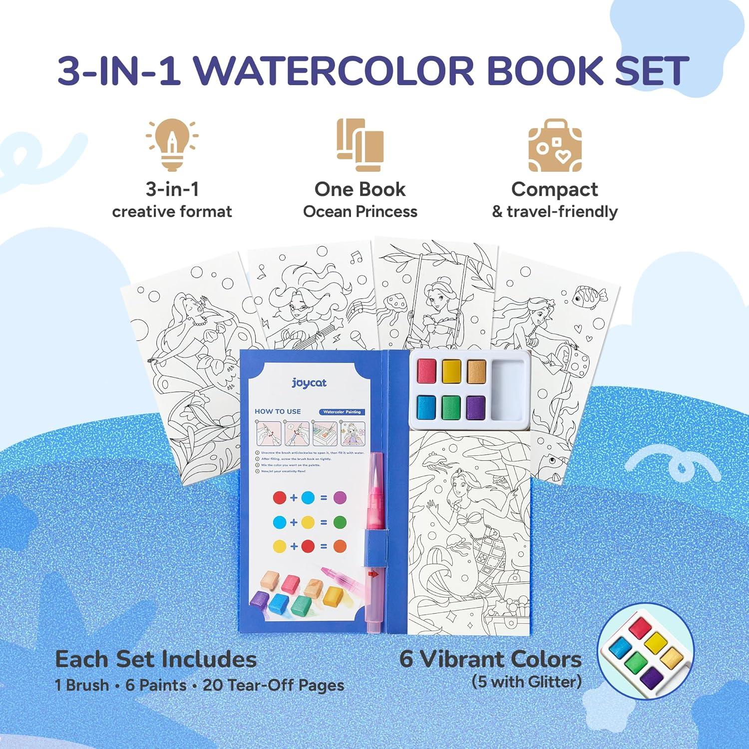 JoyCat Pocket Paint with Water Coloring Books for Kids, Art & Craft Activity Toy Set, Creative Travel & Home Painting Kit, Gifts for Girls & Boys Ages 3-8 (Animals)(1 Pack – Ocean Princess)
