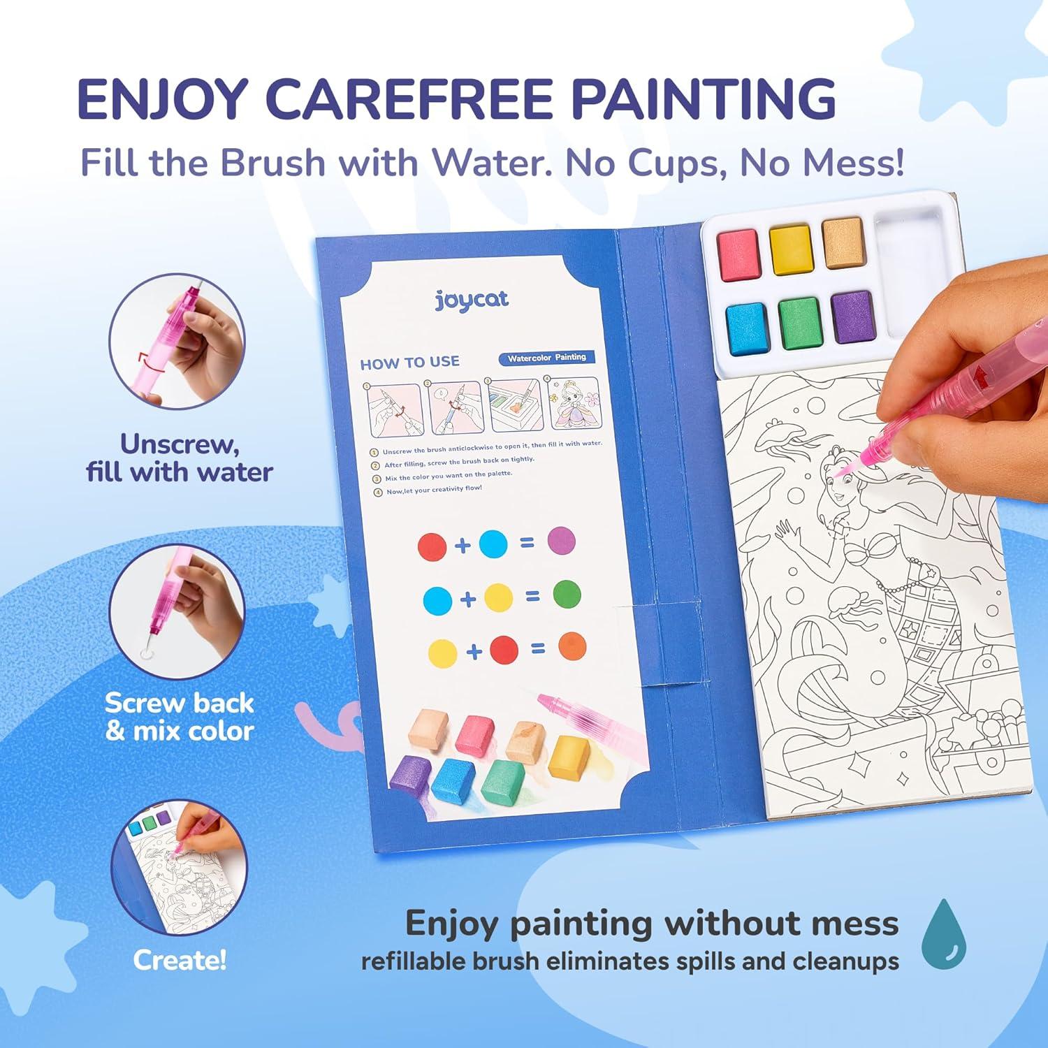 JoyCat Pocket Paint with Water Coloring Books for Kids, Art & Craft Activity Toy Set, Creative Travel & Home Painting Kit, Gifts for Girls & Boys Ages 3-8 (Animals)(1 Pack – Ocean Princess)