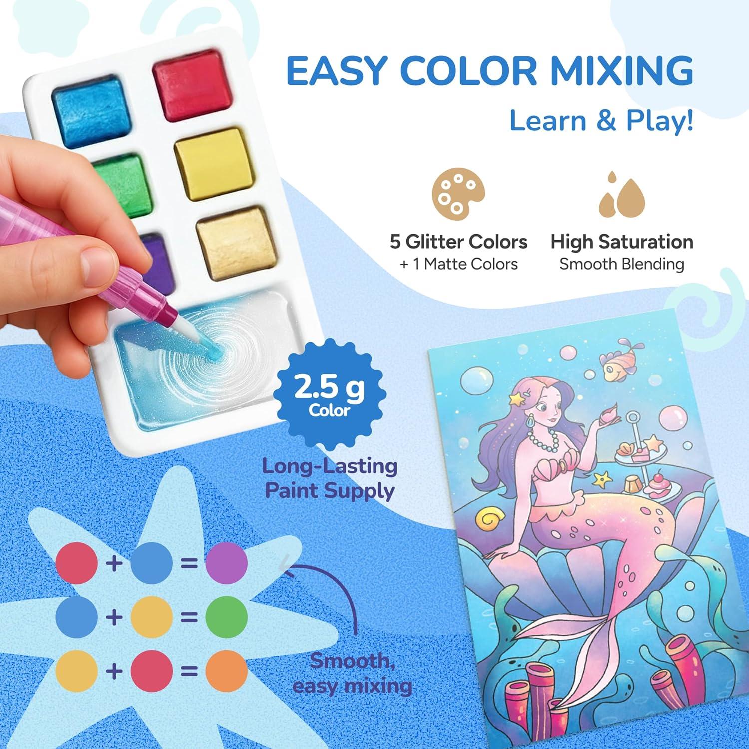 JoyCat Pocket Paint with Water Coloring Books for Kids, Art & Craft Activity Toy Set, Creative Travel & Home Painting Kit, Gifts for Girls & Boys Ages 3-8 (Animals)(1 Pack – Ocean Princess)
