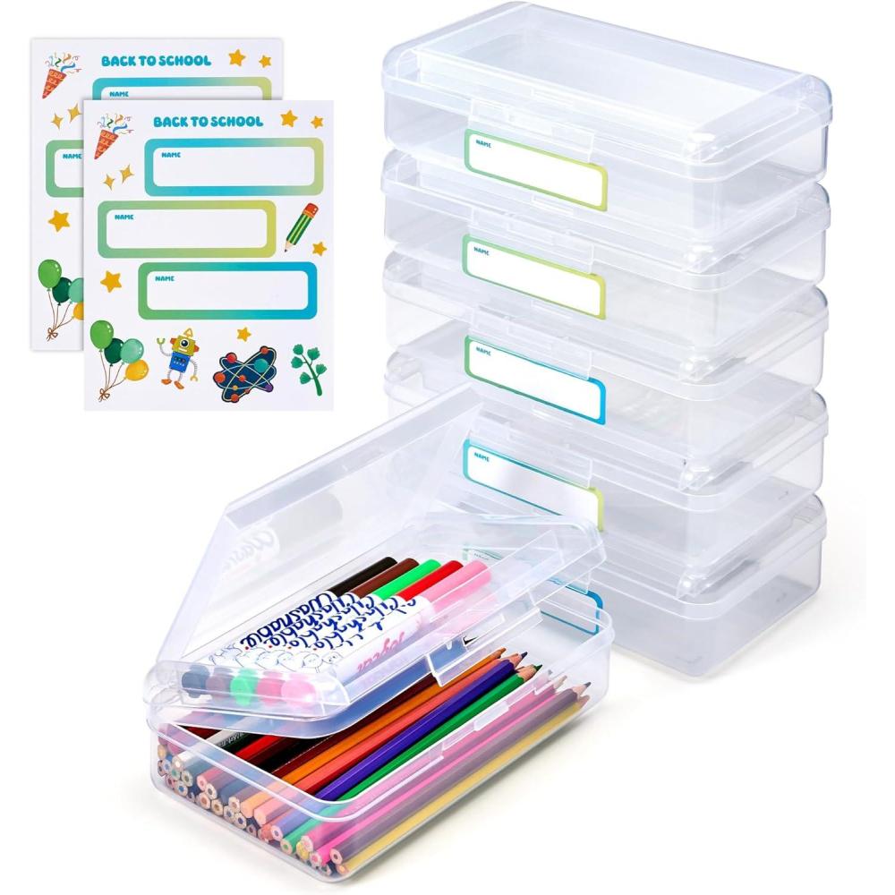 GAMENOTE Plastic Pencil Box with Personalized Sticker,Kids Large Hard Pencil Case with Snap-tight Lid,Clear Crayon Maker Organizer,Small Art Craft Storage Containers,School Supplies Box for Boys,Girls(Clear Double-layer(6 Pack))