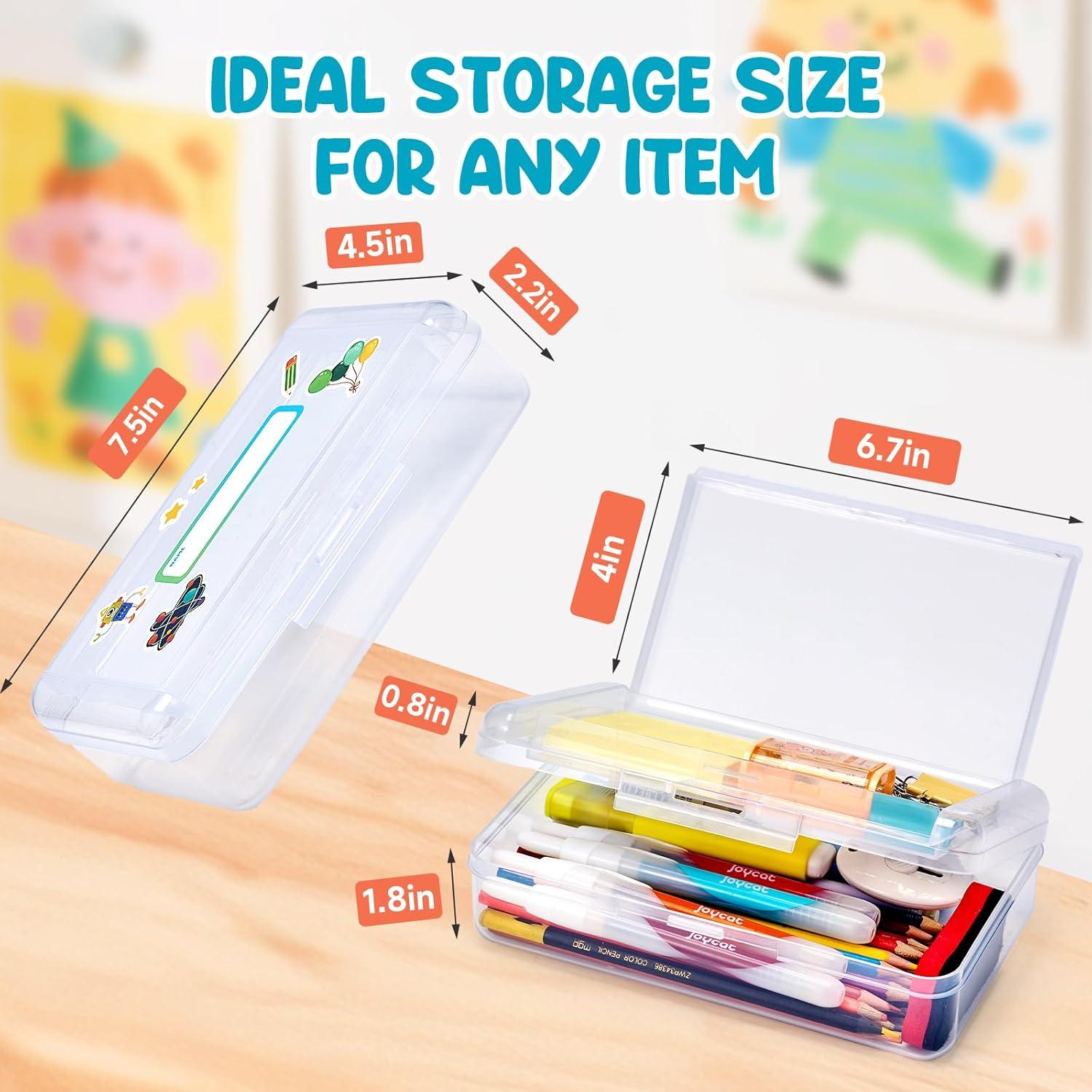 GAMENOTE Plastic Pencil Box with Personalized Sticker,Kids Large Hard Pencil Case with Snap-tight Lid,Clear Crayon Maker Organizer,Small Art Craft Storage Containers,School Supplies Box for Boys,Girls(Clear Double-layer(6 Pack))