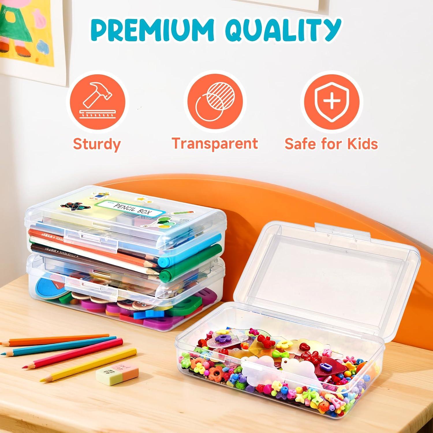 GAMENOTE Plastic Pencil Box with Personalized Sticker,Kids Large Hard Pencil Case with Snap-tight Lid,Clear Crayon Maker Organizer,Small Art Craft Storage Containers,School Supplies Box for Boys,Girls(Clear Double-layer(6 Pack))